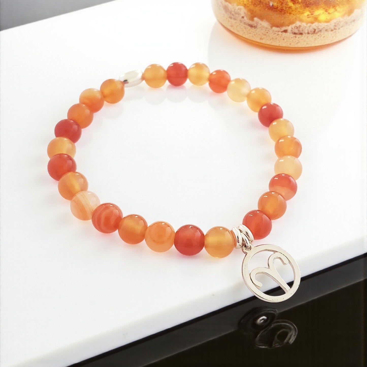 SanaBelle® Aries Zodiac Healing Bracelet – 6mm Carnelian Gemstones with Silver Accents