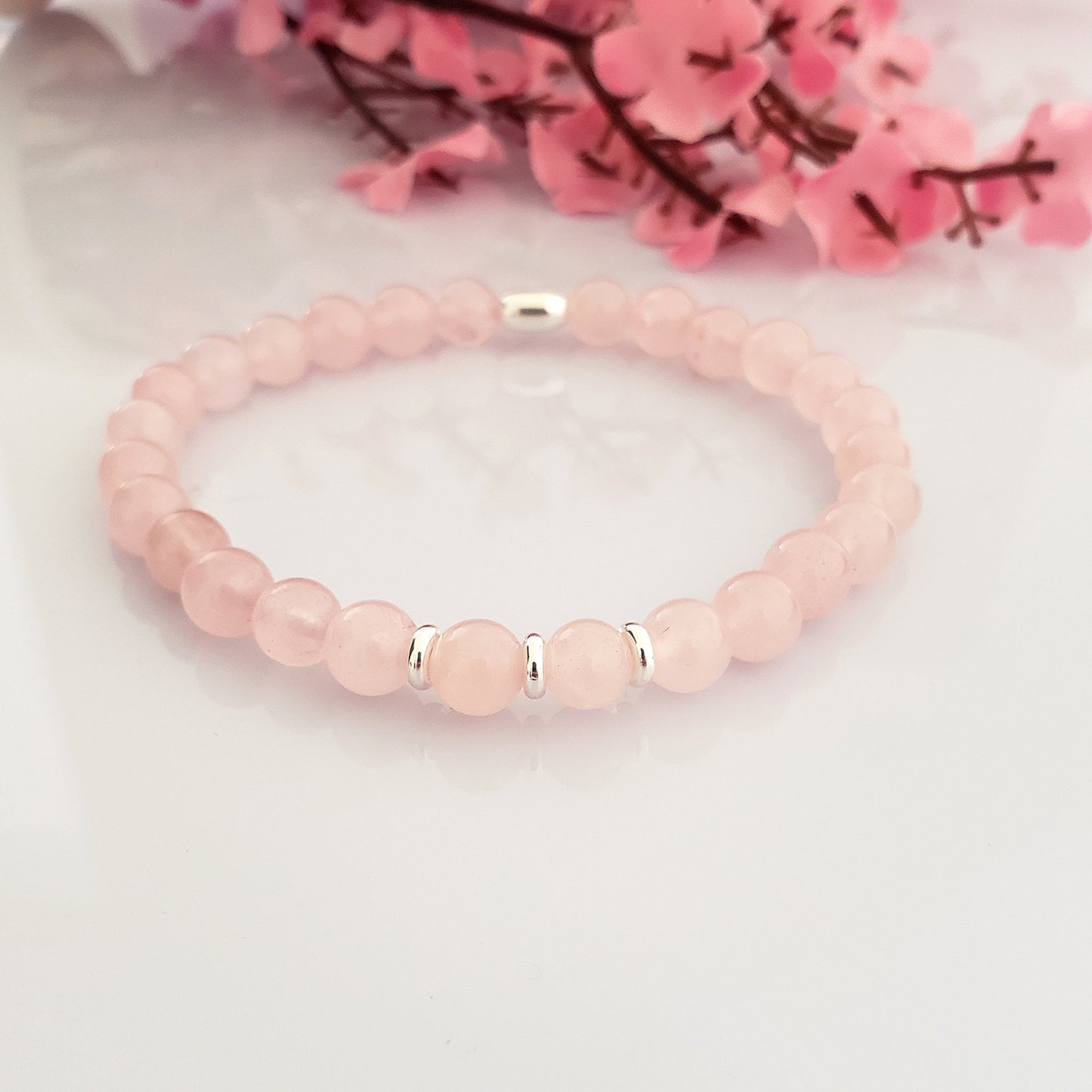 SanaBelle® Rose Quartz Healing Bracelet – 6mm Natural Gemstones with Silver Accents