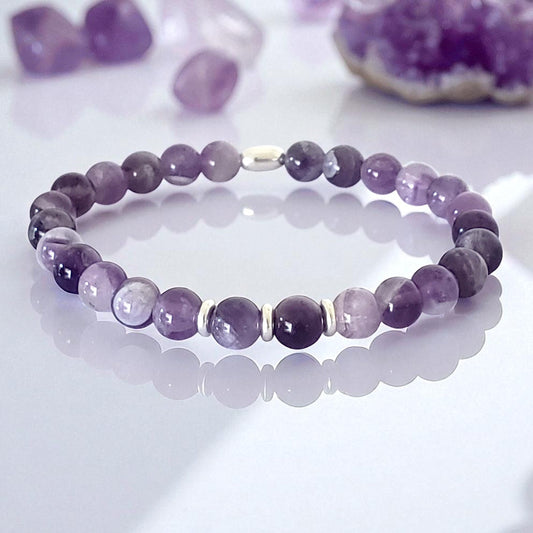 Amethyst Stretch Beaded Bracelet – Natural Healing Crystal 6mm with Sterling Silver 925