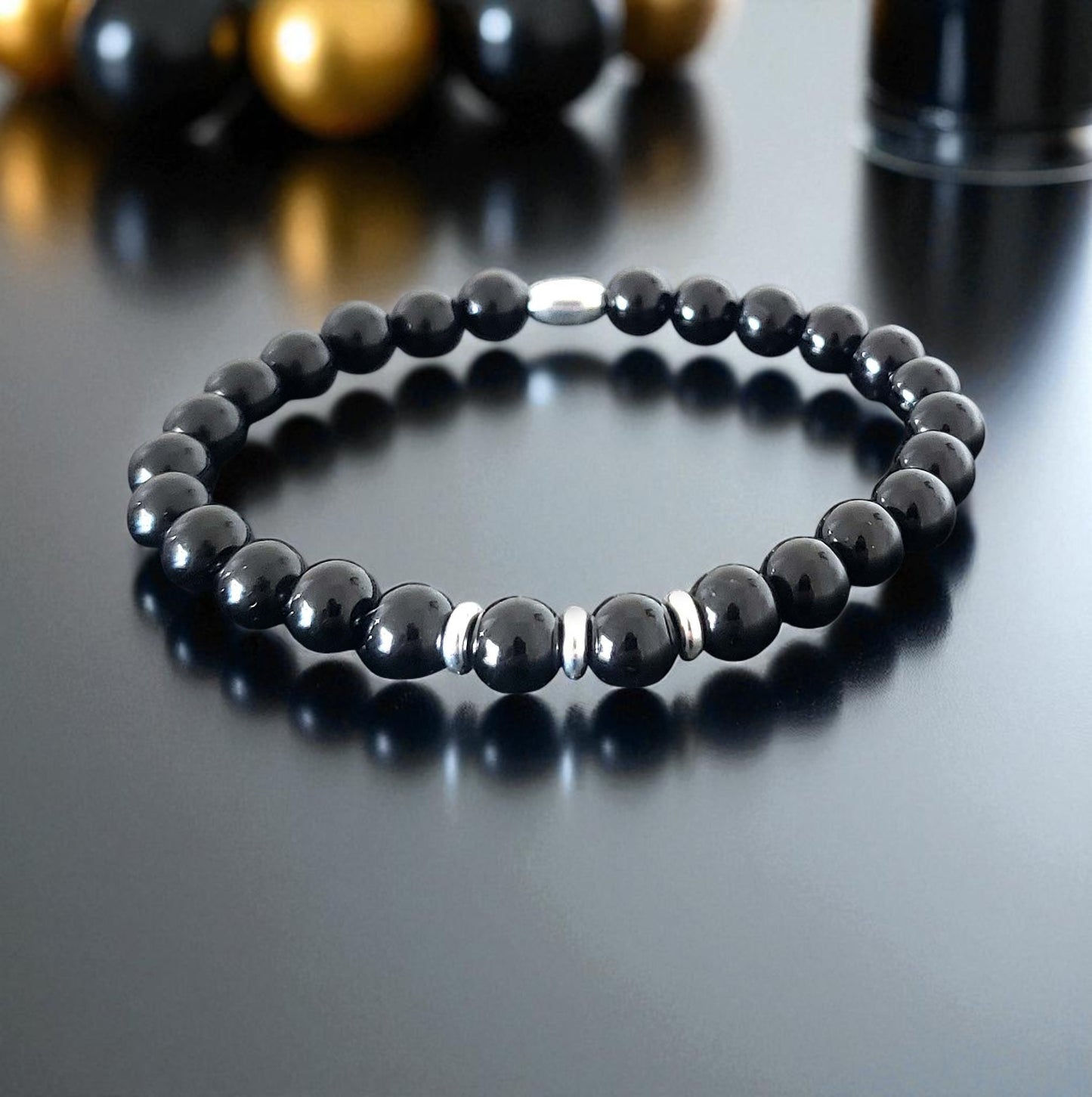SanaBelle® Black Tourmaline Healing Bracelet – 6mm Natural Gemstones with Gold Accents