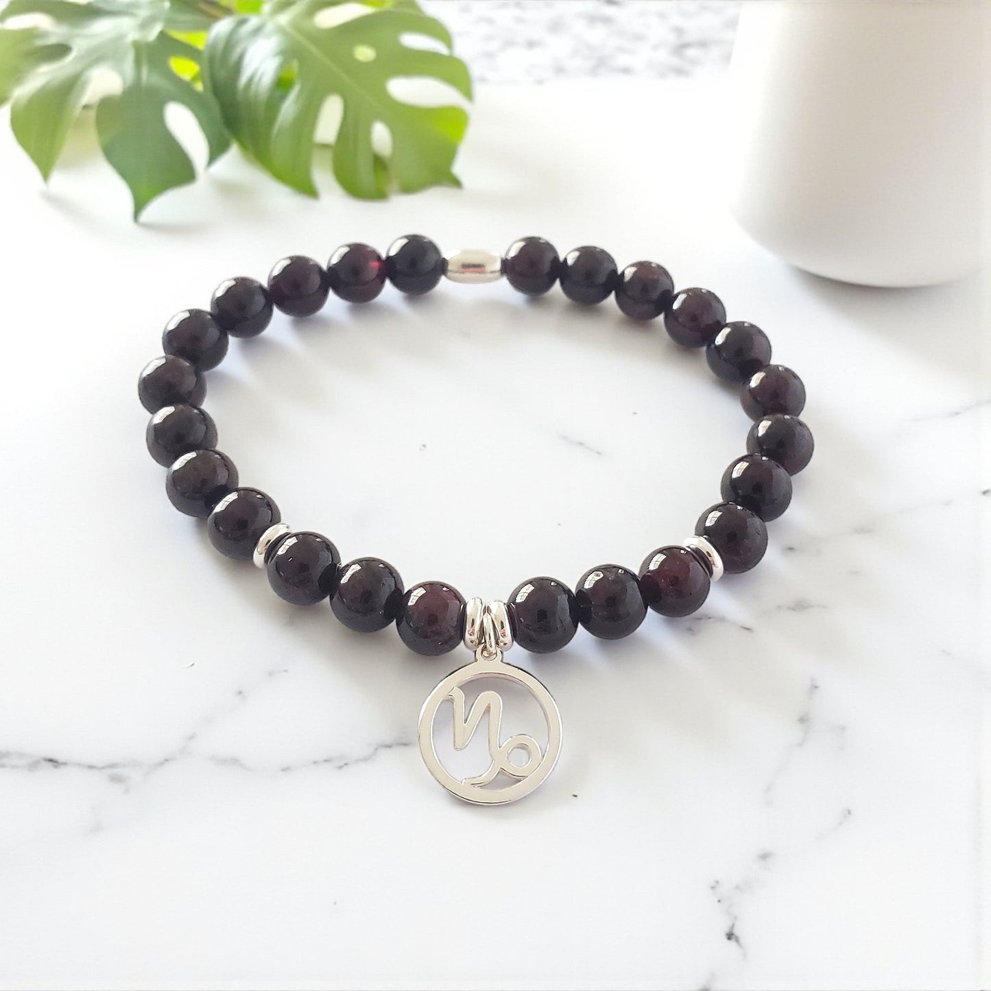 SanaBelle® Capricorn Zodiac Healing Bracelet – 6mm Natural Gemstones with Silver Accents