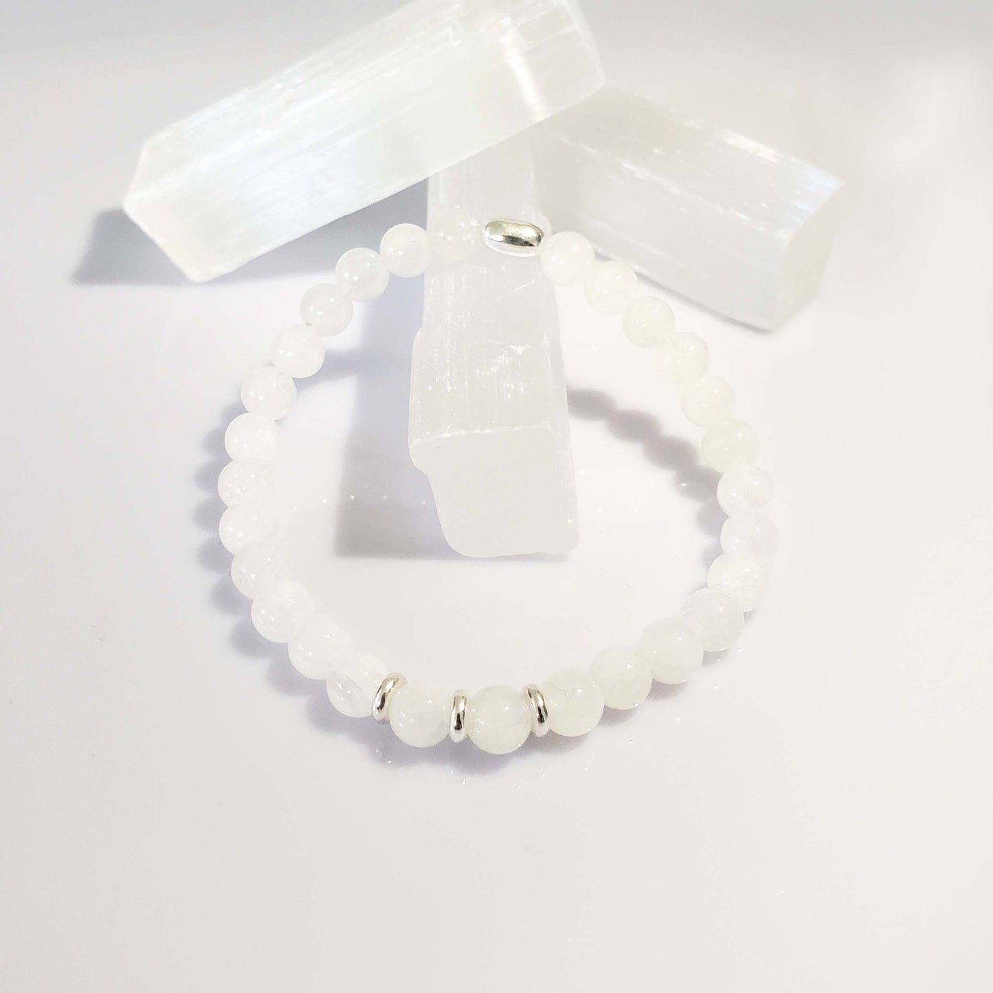Moonstone Stretch Beaded Bracelet – Natural Healing Crystal 6mm with Sterling Silver 925