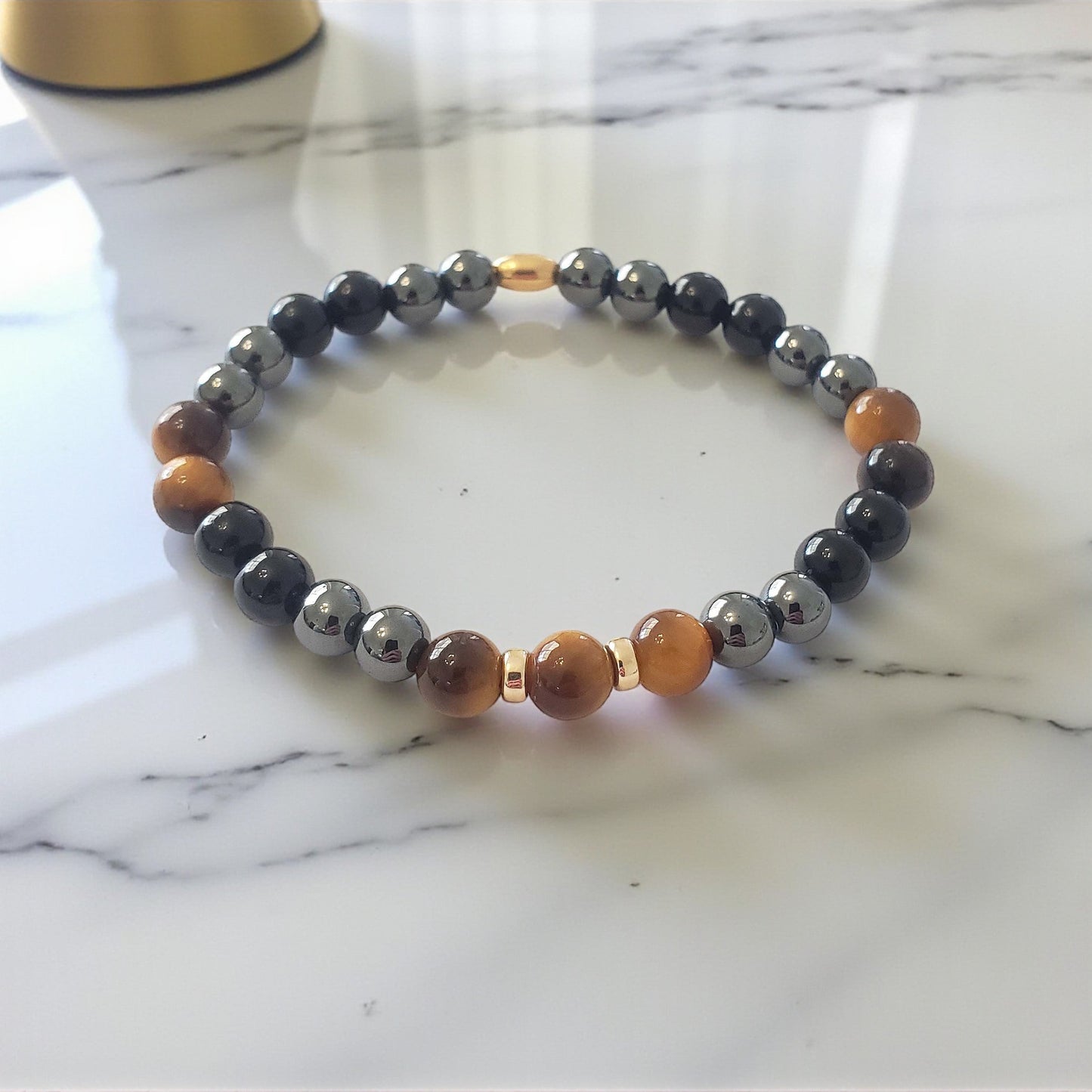 SanaBelle® Men’s Protection Healing Bracelet – Tiger’s Eye, Black Tourmaline & Hematite with Gold Accents