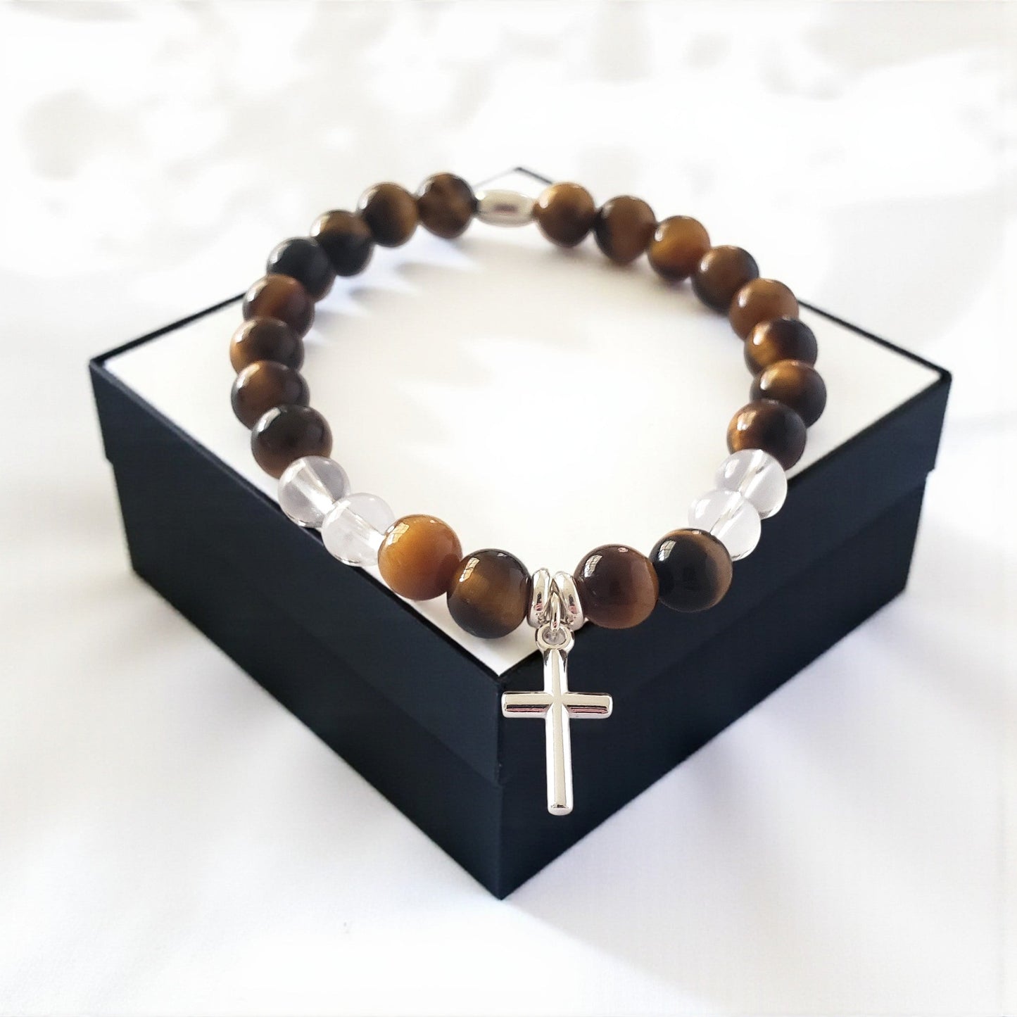 SanaBelle® Strengthening Faith Bracelet – 6mm Natural Tiger’s Eye & Clear Quartz Gemstones with Sterling Silver Cross Charm