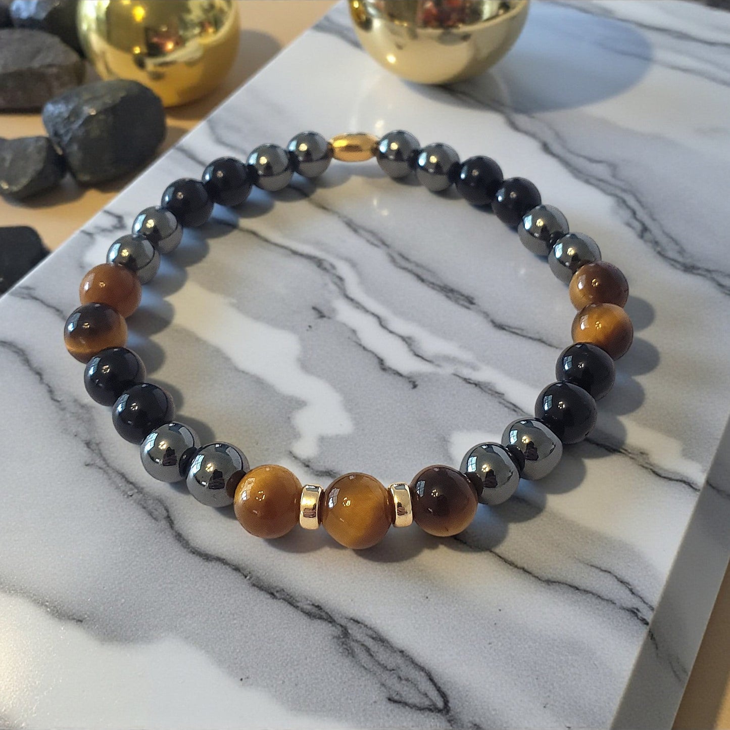 SanaBelle® Men’s Protection Healing Bracelet – Tiger’s Eye, Black Tourmaline & Hematite with Gold Accents
