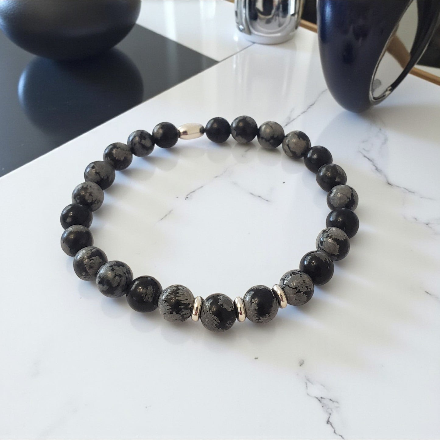 SanaBelle® Men’s Snowflake Obsidian Healing Bracelet – 6mm Natural Gemstones with Sterling Silver Accents