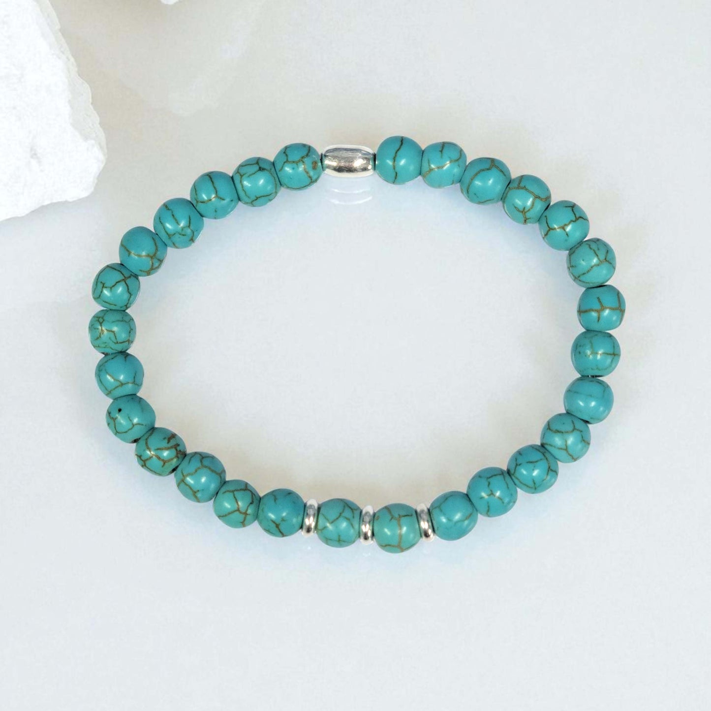 Turquoise Stretch Beaded Bracelet – Natural Healing Crystal 6mm with Sterling Silver 925
