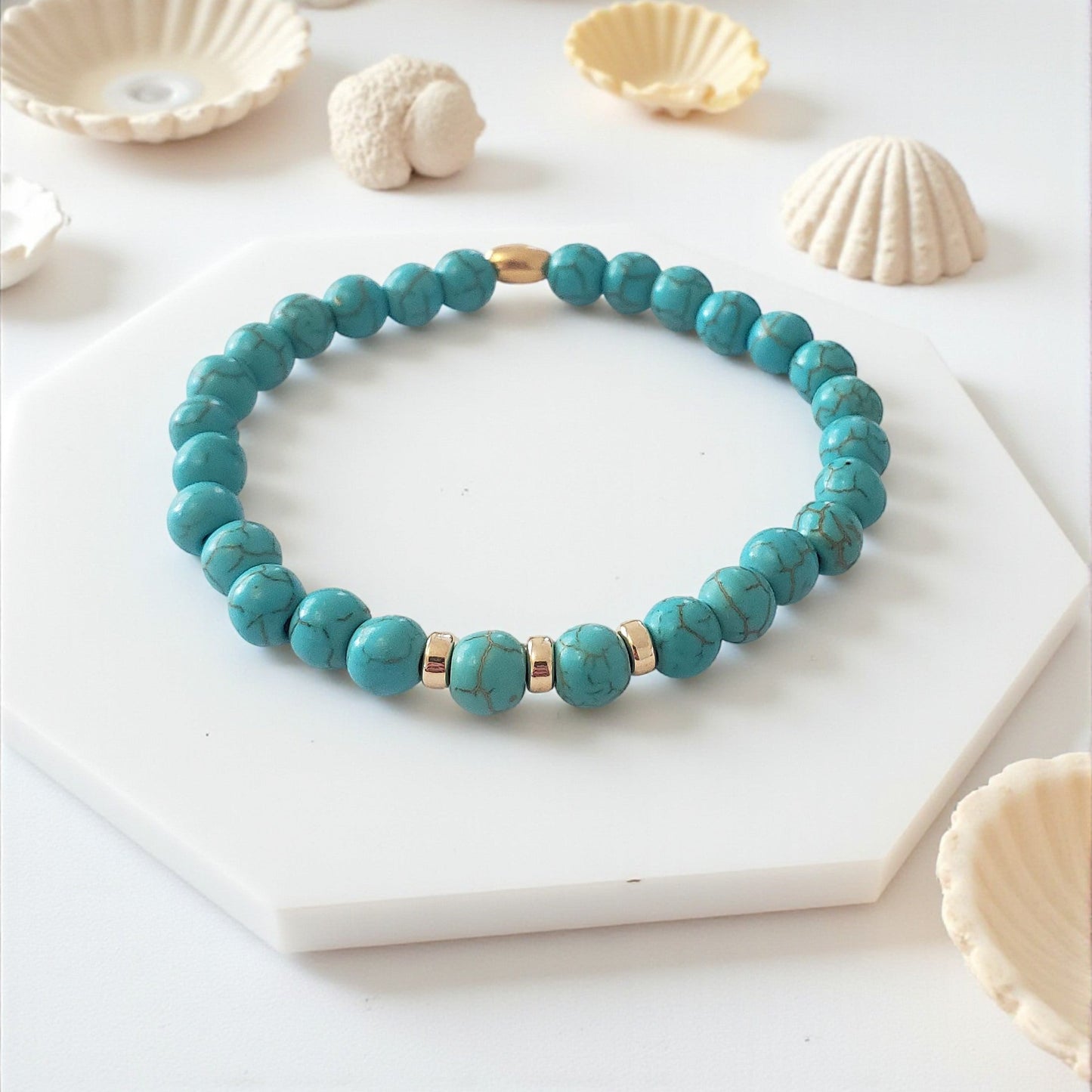 SanaBelle® Turquoise Healing Bracelet – 6mm Natural Gemstones with Gold Accents