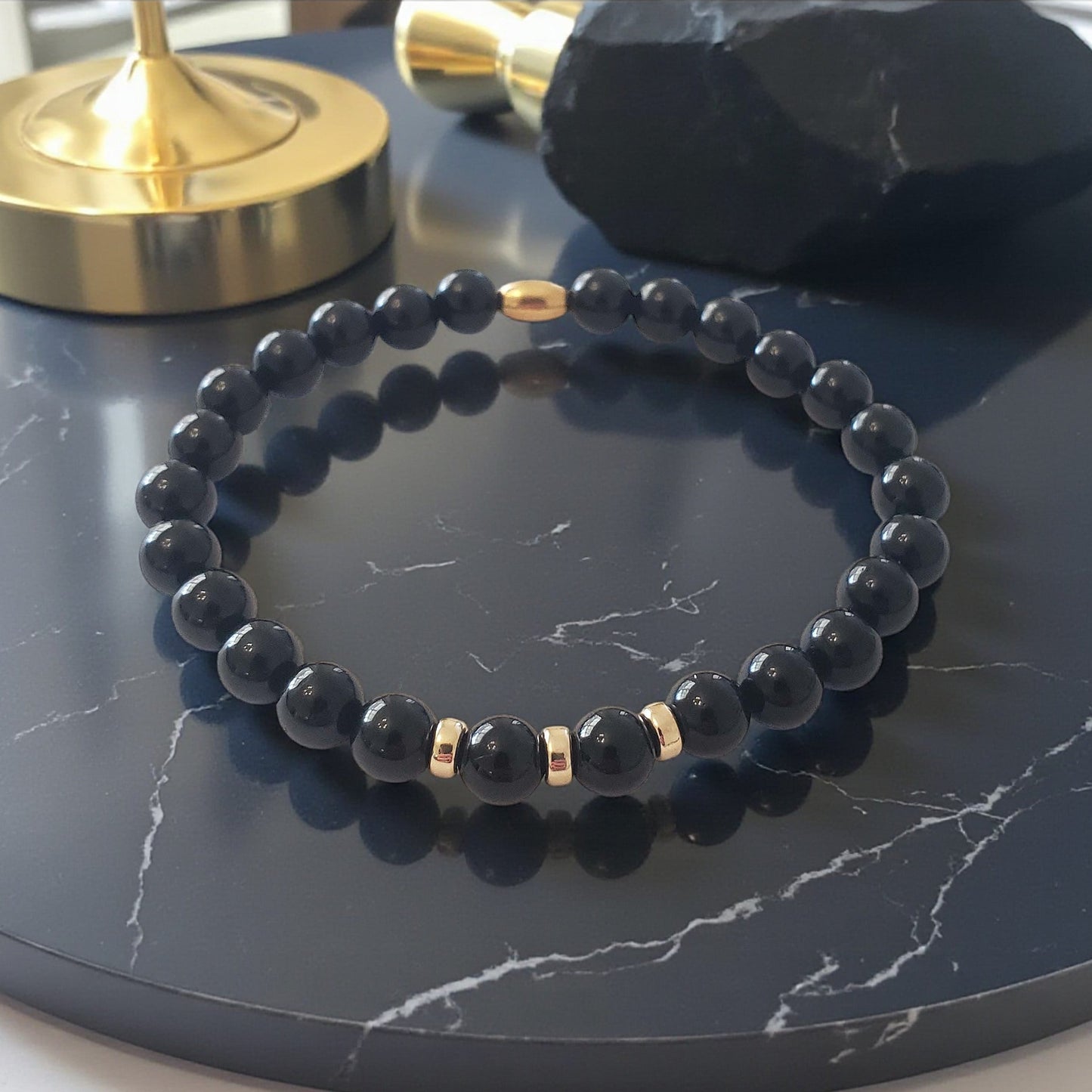 SanaBelle® Black Tourmaline Healing Bracelet – 6mm Natural Gemstones with Gold Accents
