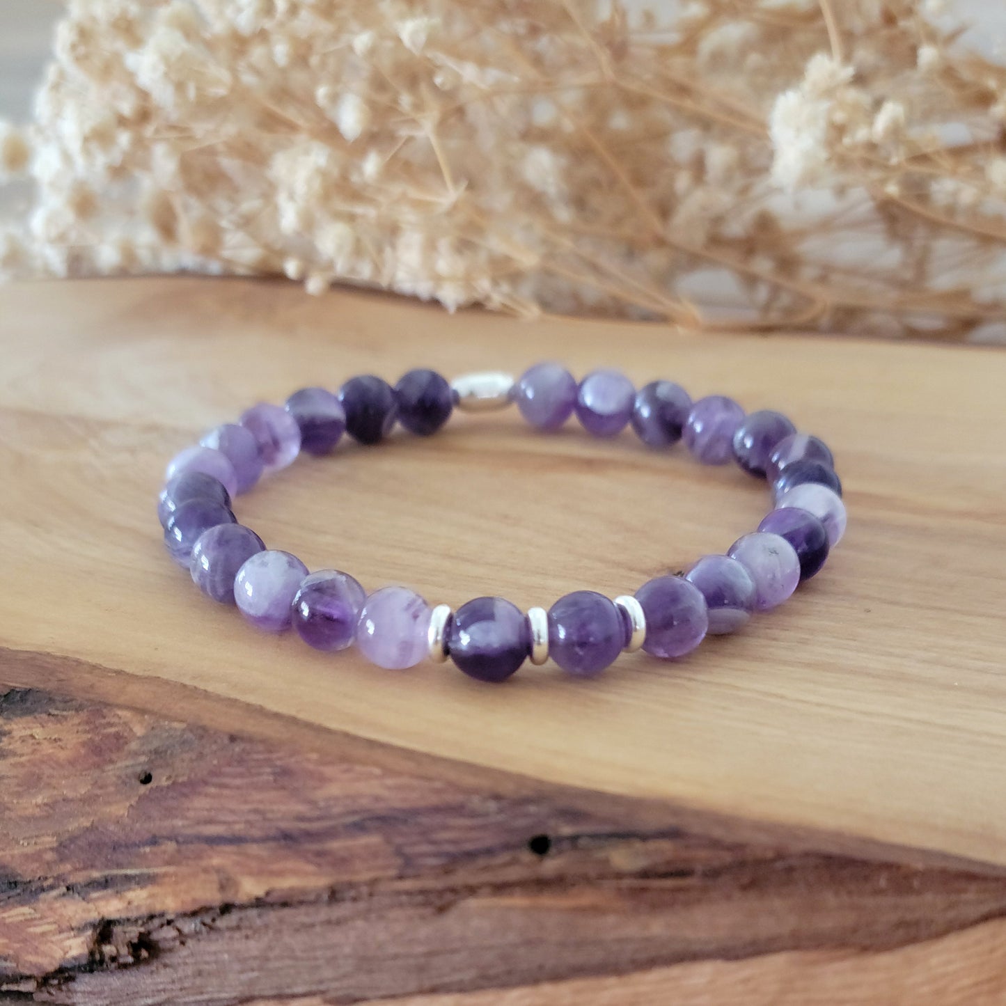Amethyst Stretch Beaded Bracelet – Natural Healing Crystal 6mm with Sterling Silver 925