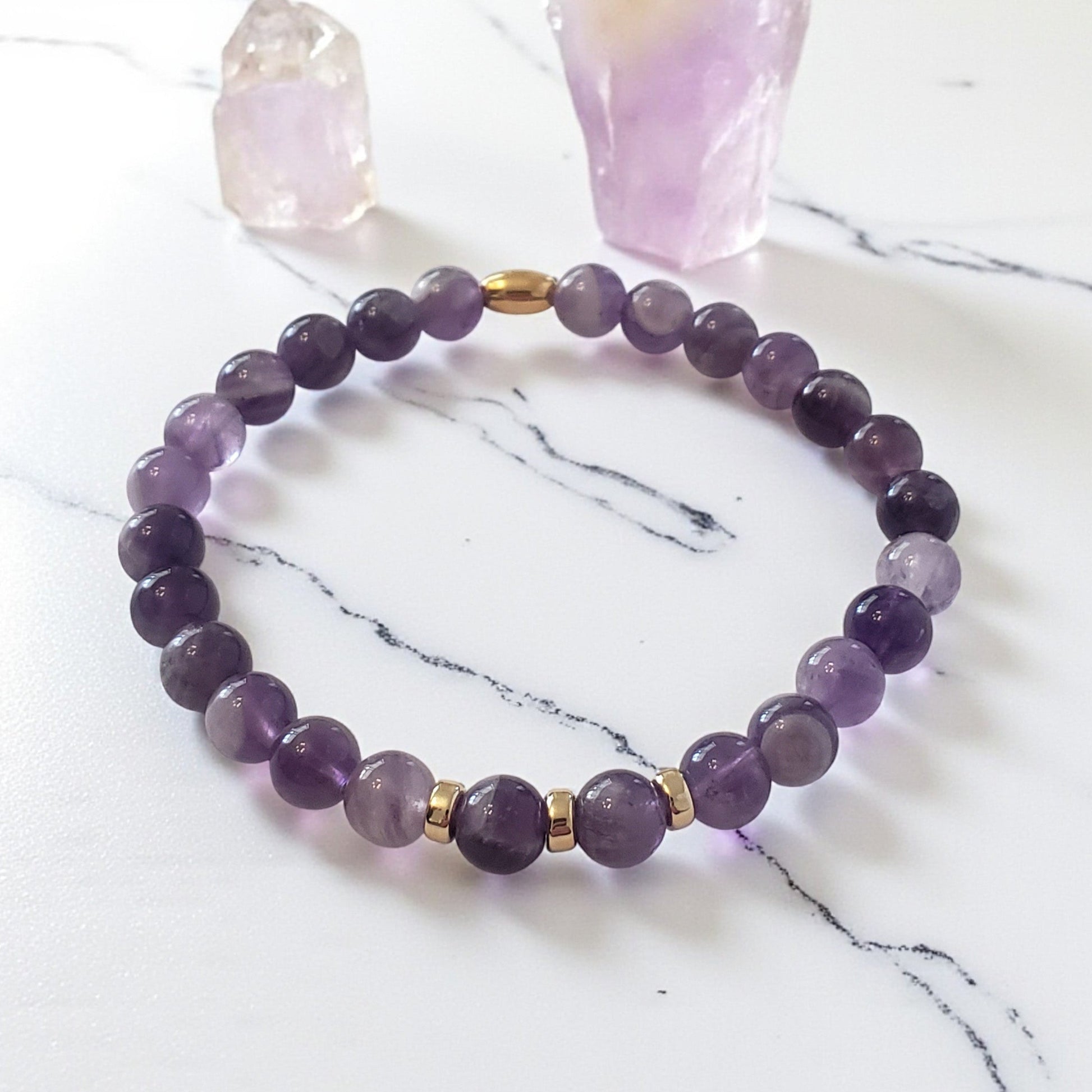 Amethyst Stretch Beaded Bracelet – Natural Healing Crystal 6mm with Gold Accents