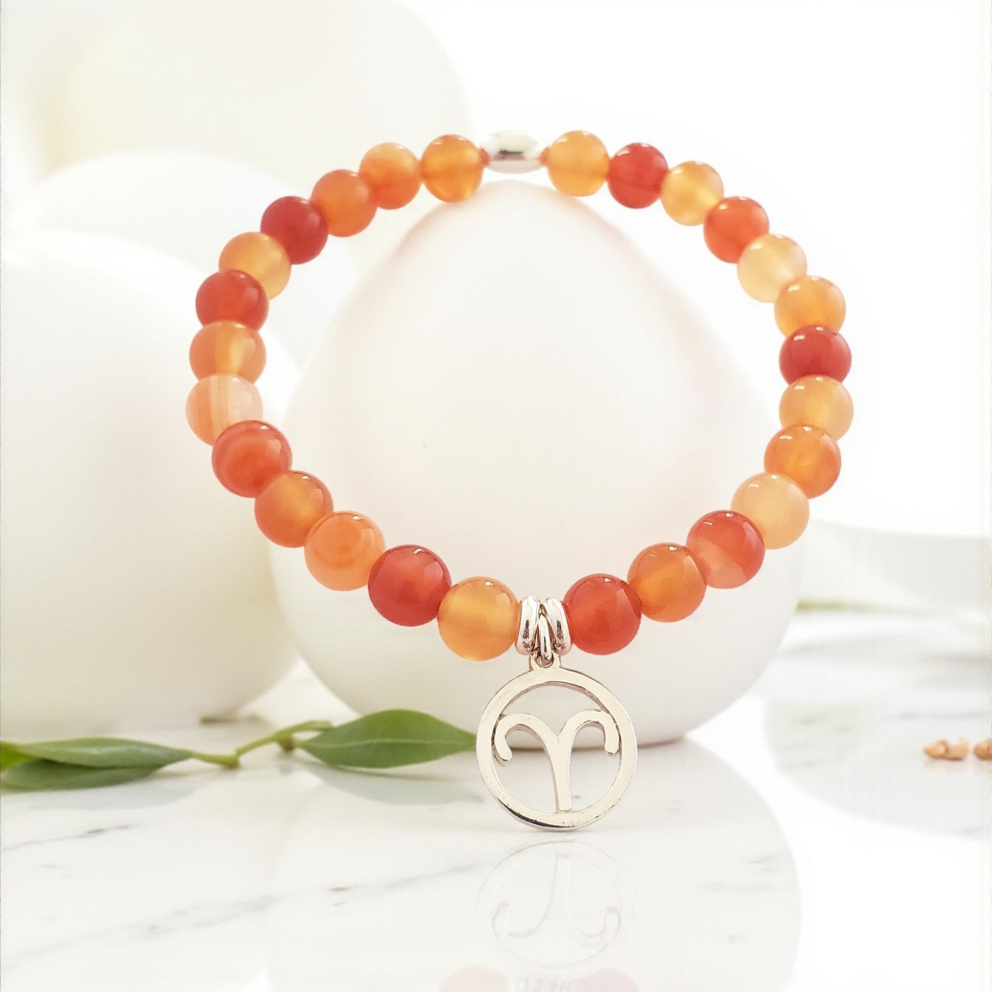 SanaBelle® Aries Zodiac Healing Bracelet – 6mm Carnelian Gemstones with Silver Accents