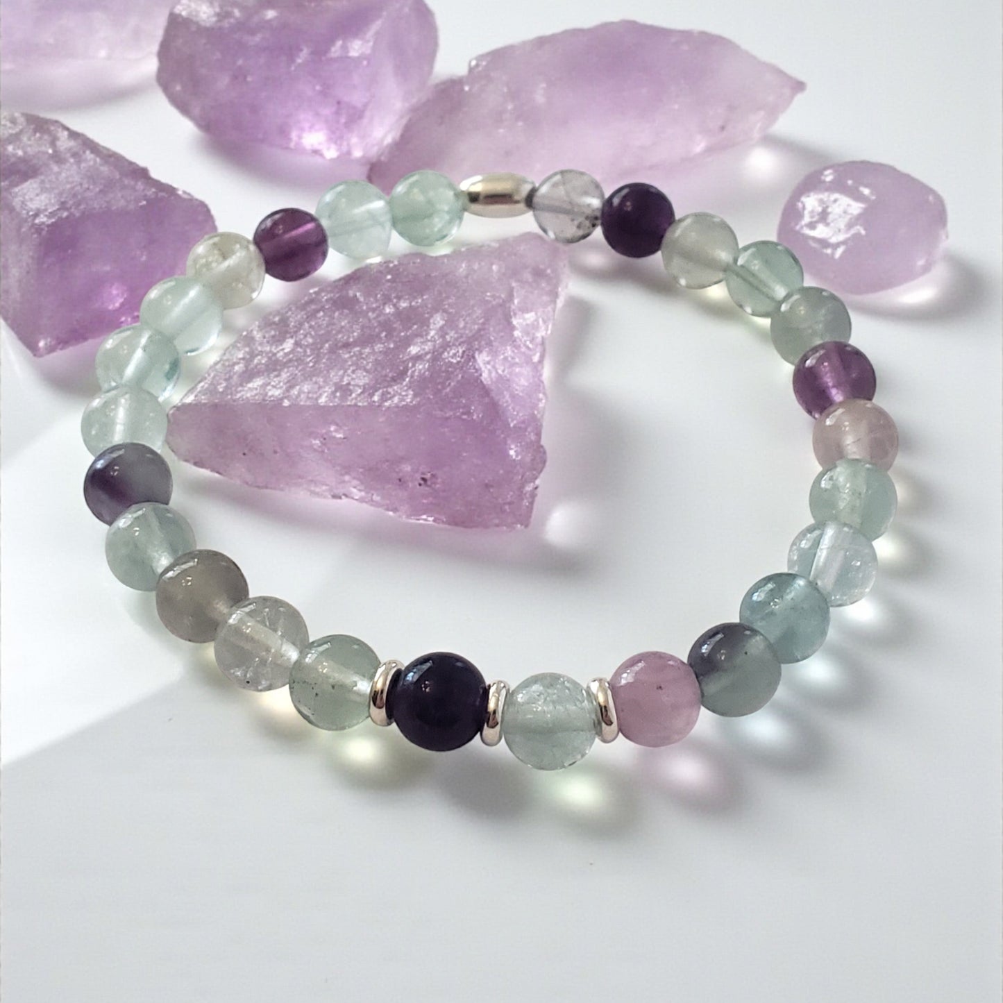 Fluorite Gemstone Stretch Beaded Bracelet – Natural Healing Crystal 6mm with Sterling Silver 925