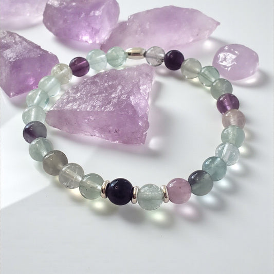 Fluorite Gemstone Stretch Beaded Bracelet – Natural Healing Crystal 6mm with Sterling Silver 925