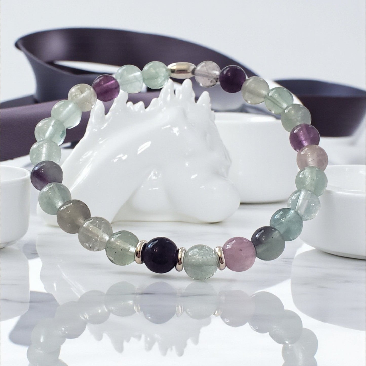 Fluorite Gemstone Stretch Beaded Bracelet – Natural Healing Crystal 6mm with Sterling Silver 925