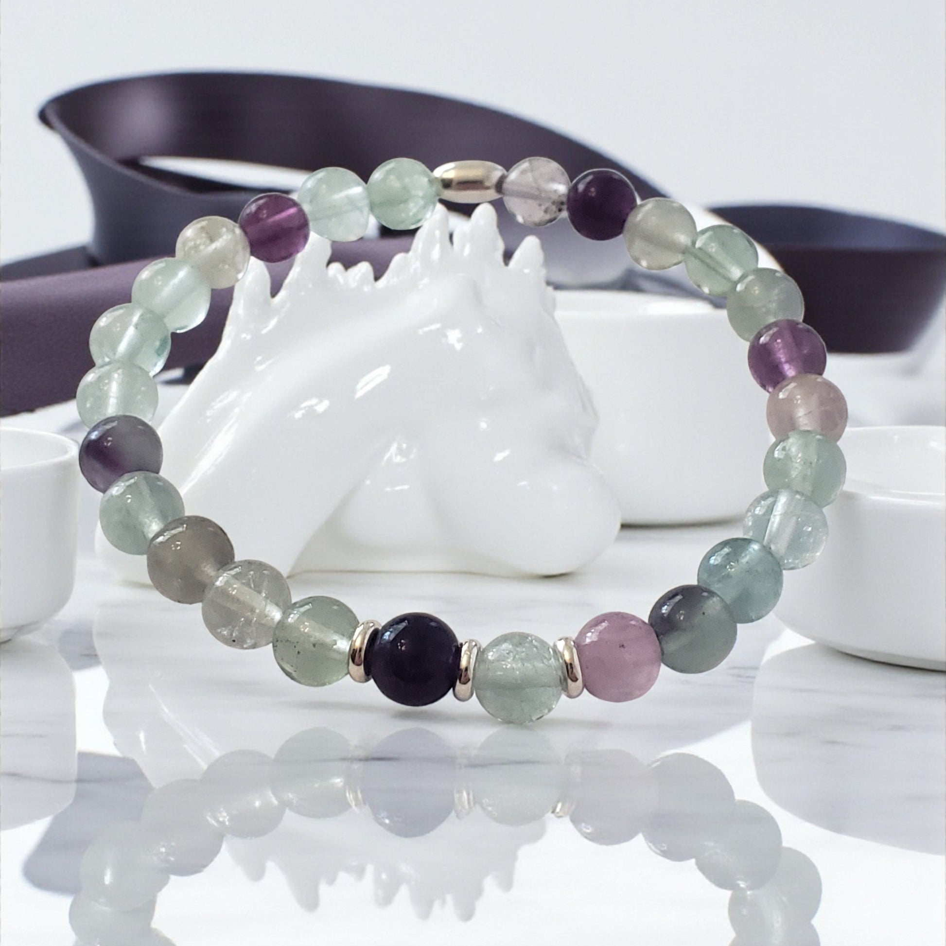 Fluorite Gemstone Stretch Beaded Bracelet – Natural Healing Crystal 6mm with Sterling Silver 925