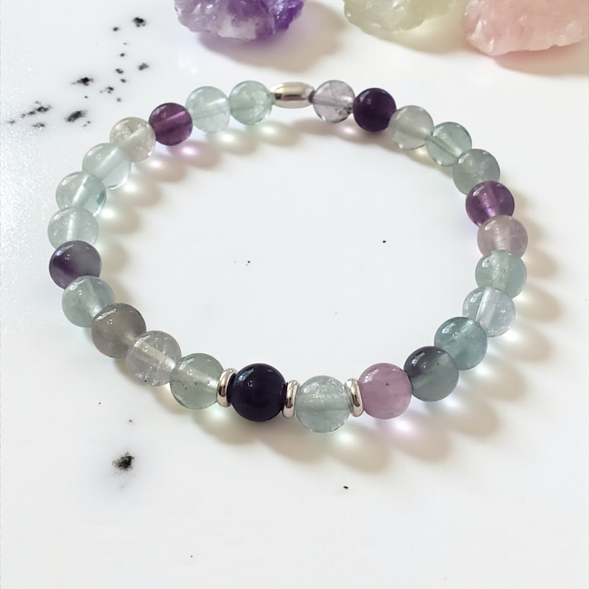 Fluorite Gemstone Stretch Beaded Bracelet – Natural Healing Crystal 6mm with Sterling Silver 925