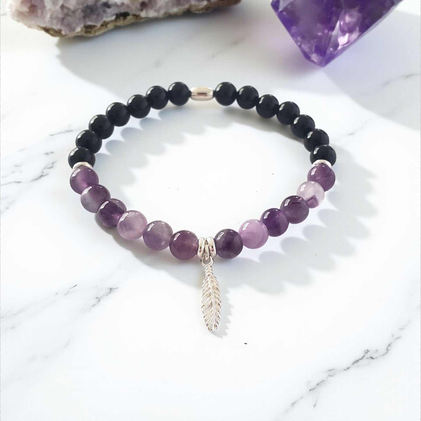 SanaBelle® Protection Healing Bracelet – 6mm Natural Amethyst & Black Tourmaline Gemstones with Sterling Silver Feather Charm