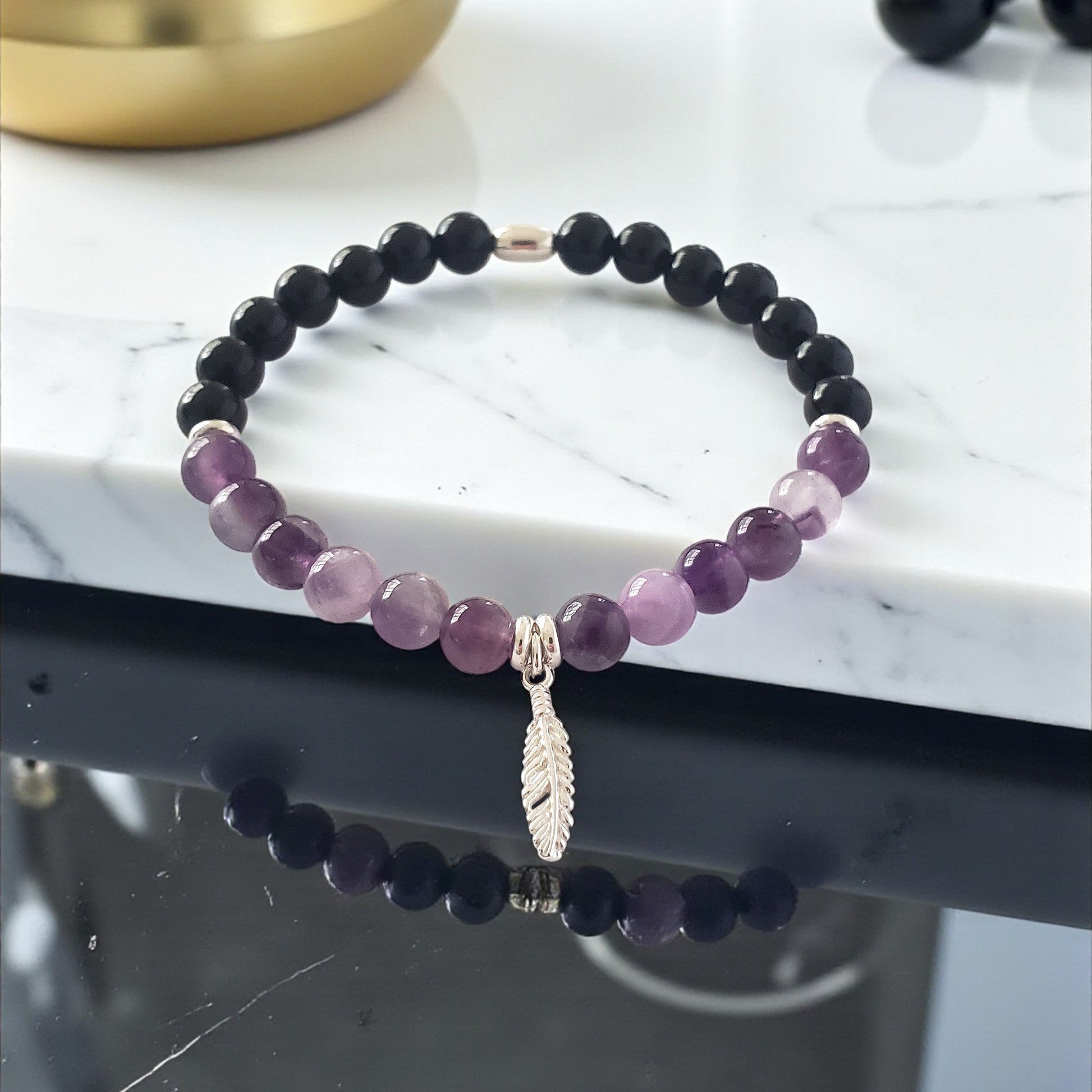 SanaBelle® Protection Healing Bracelet – 6mm Natural Amethyst & Black Tourmaline Gemstones with Sterling Silver Feather Charm