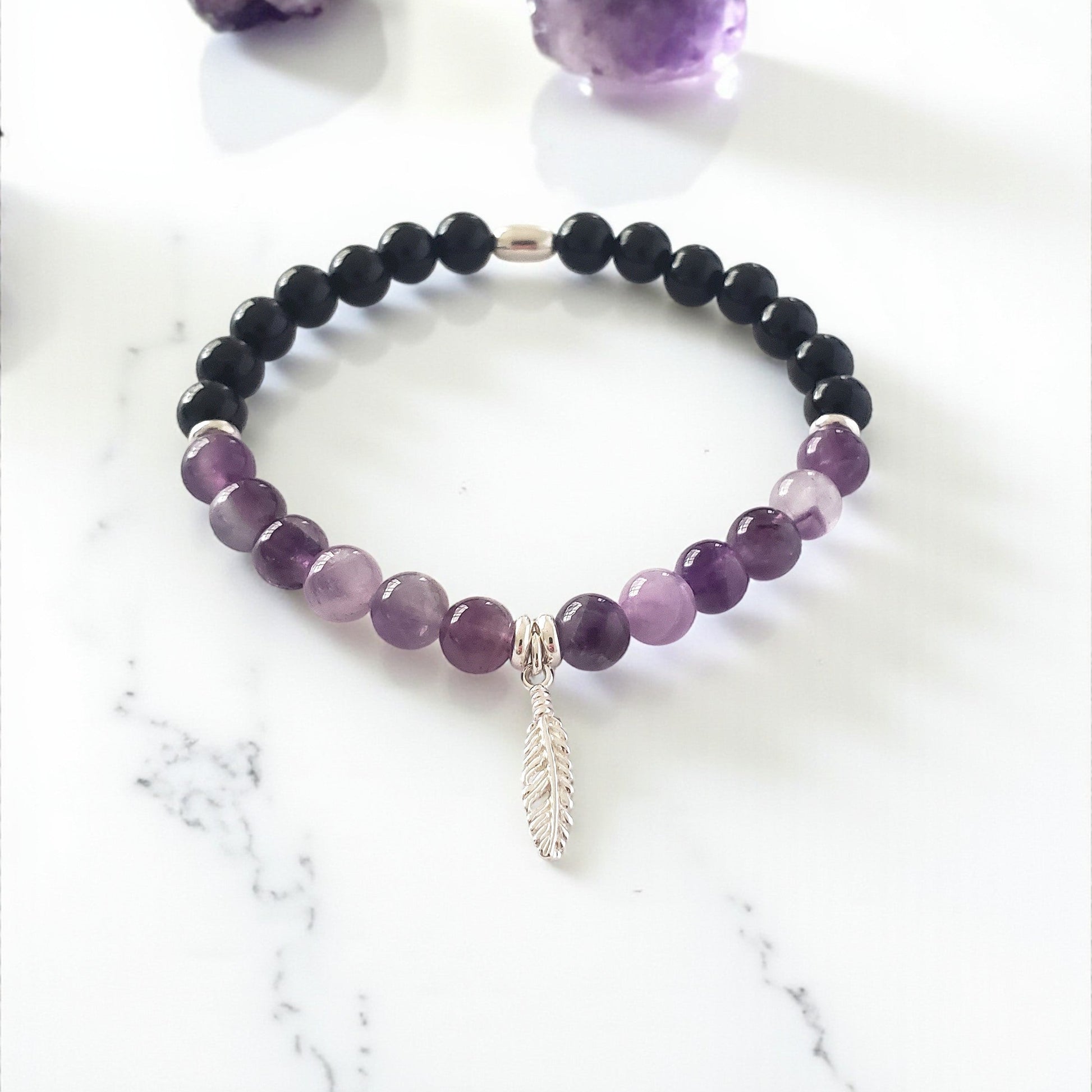 SanaBelle® Protection Healing Bracelet – 6mm Natural Amethyst & Black Tourmaline Gemstones with Sterling Silver Feather Charm