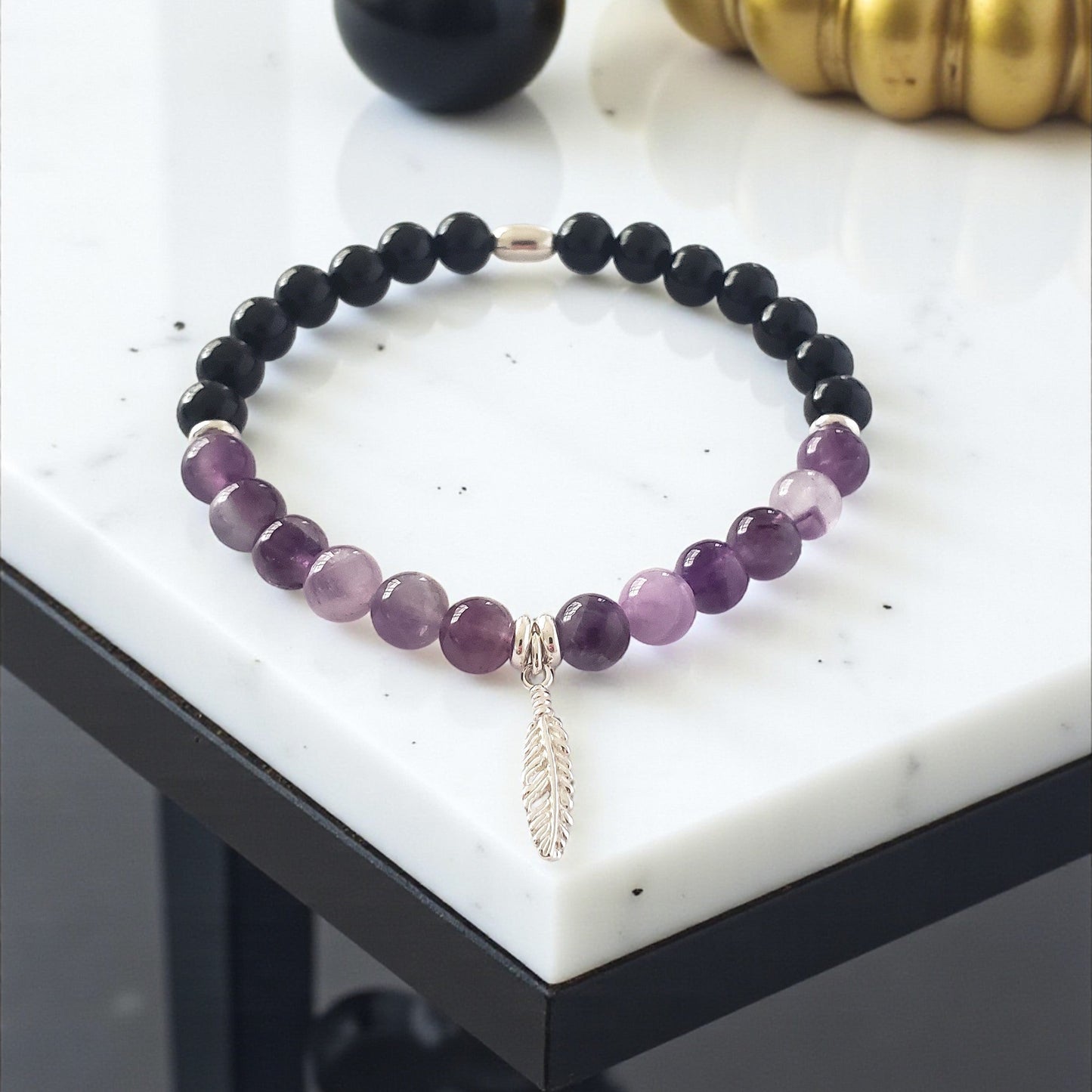 SanaBelle® Protection Healing Bracelet – 6mm Natural Amethyst & Black Tourmaline Gemstones with Sterling Silver Feather Charm