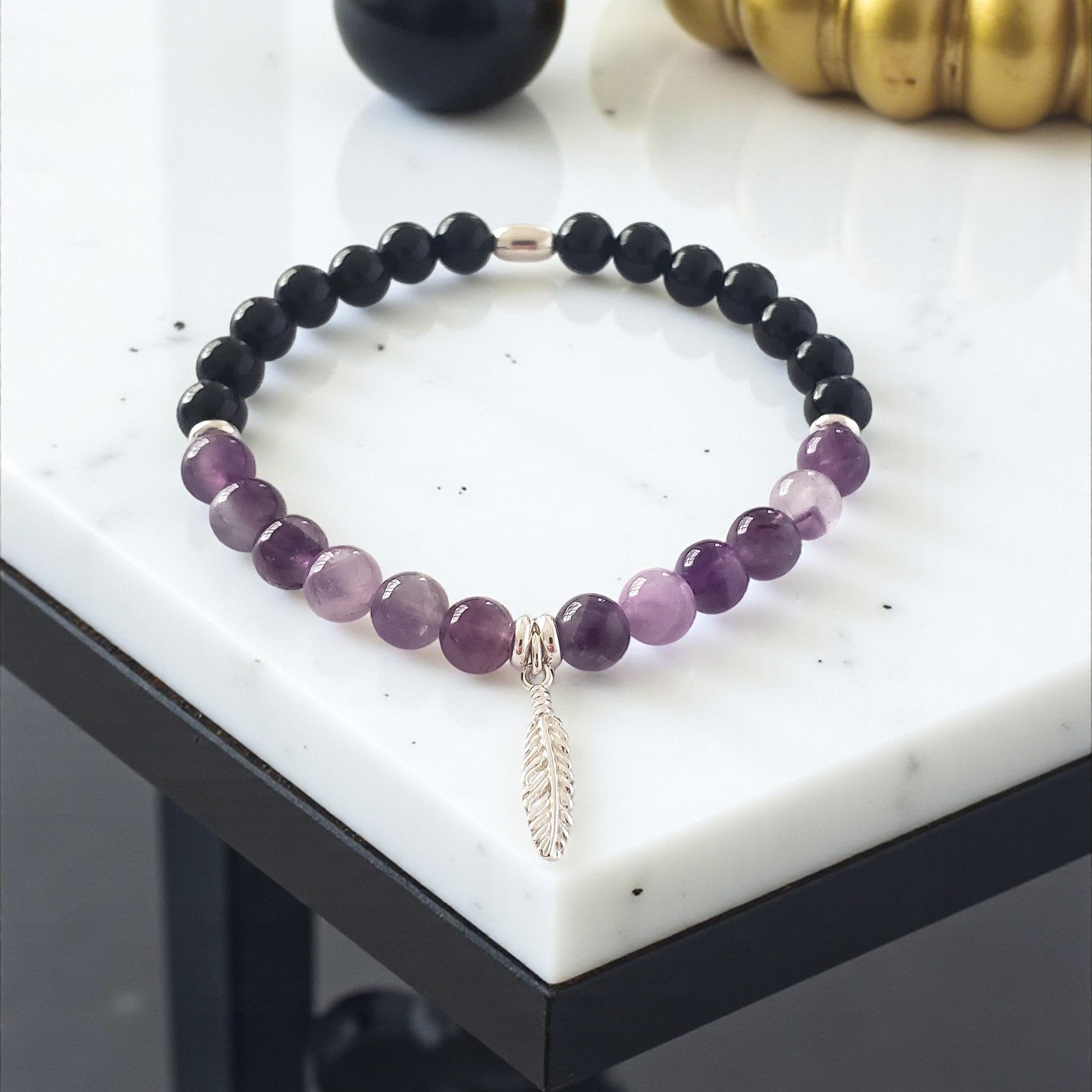 SanaBelle® Protection Healing Bracelet – 6mm Natural Amethyst & Black Tourmaline Gemstones with Sterling Silver Feather Charm