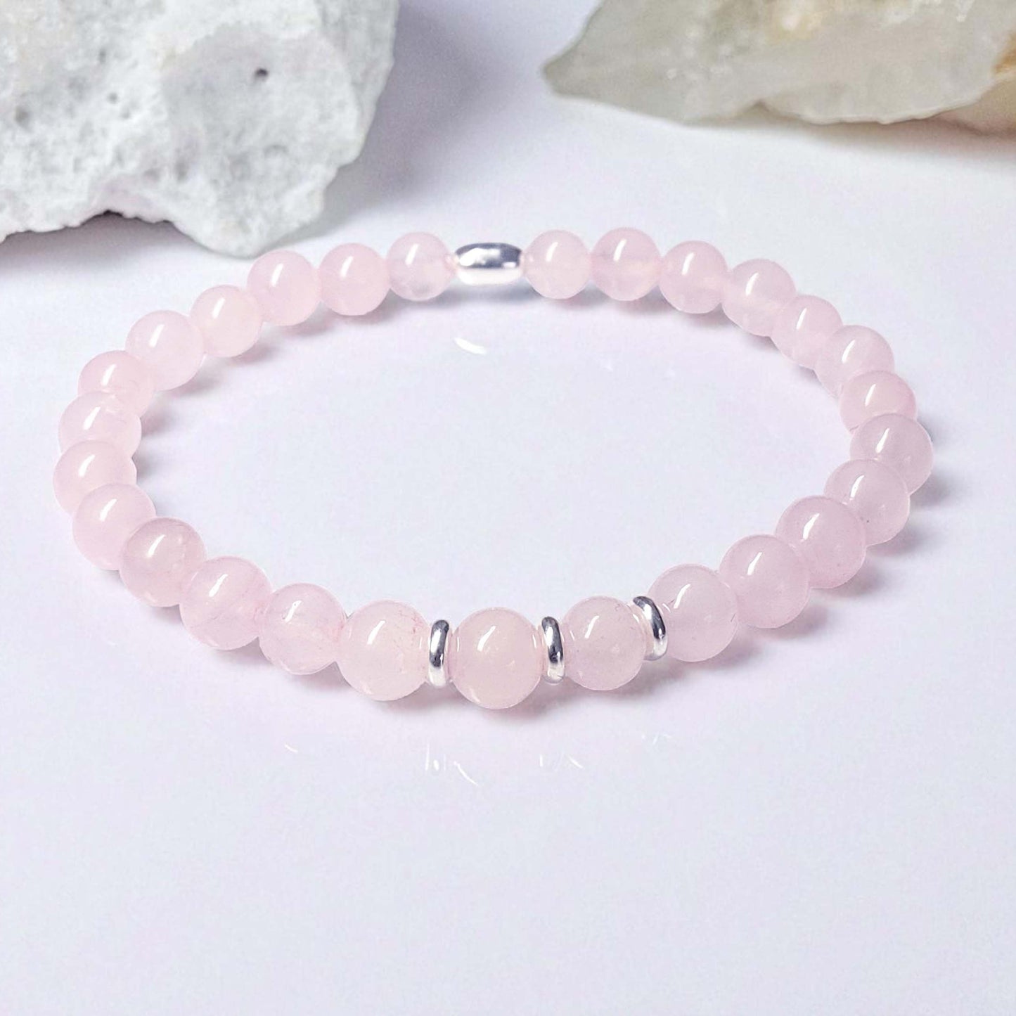 Rose Quartz Stretch Beaded Bracelet – Natural Healing Crystal, 6mm with Sterling Silver 925