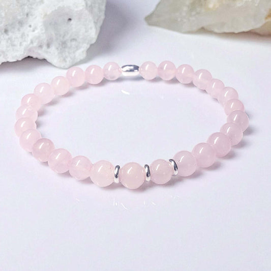 Rose Quartz Stretch Beaded Bracelet – Natural Healing Crystal, 6mm with Sterling Silver 925