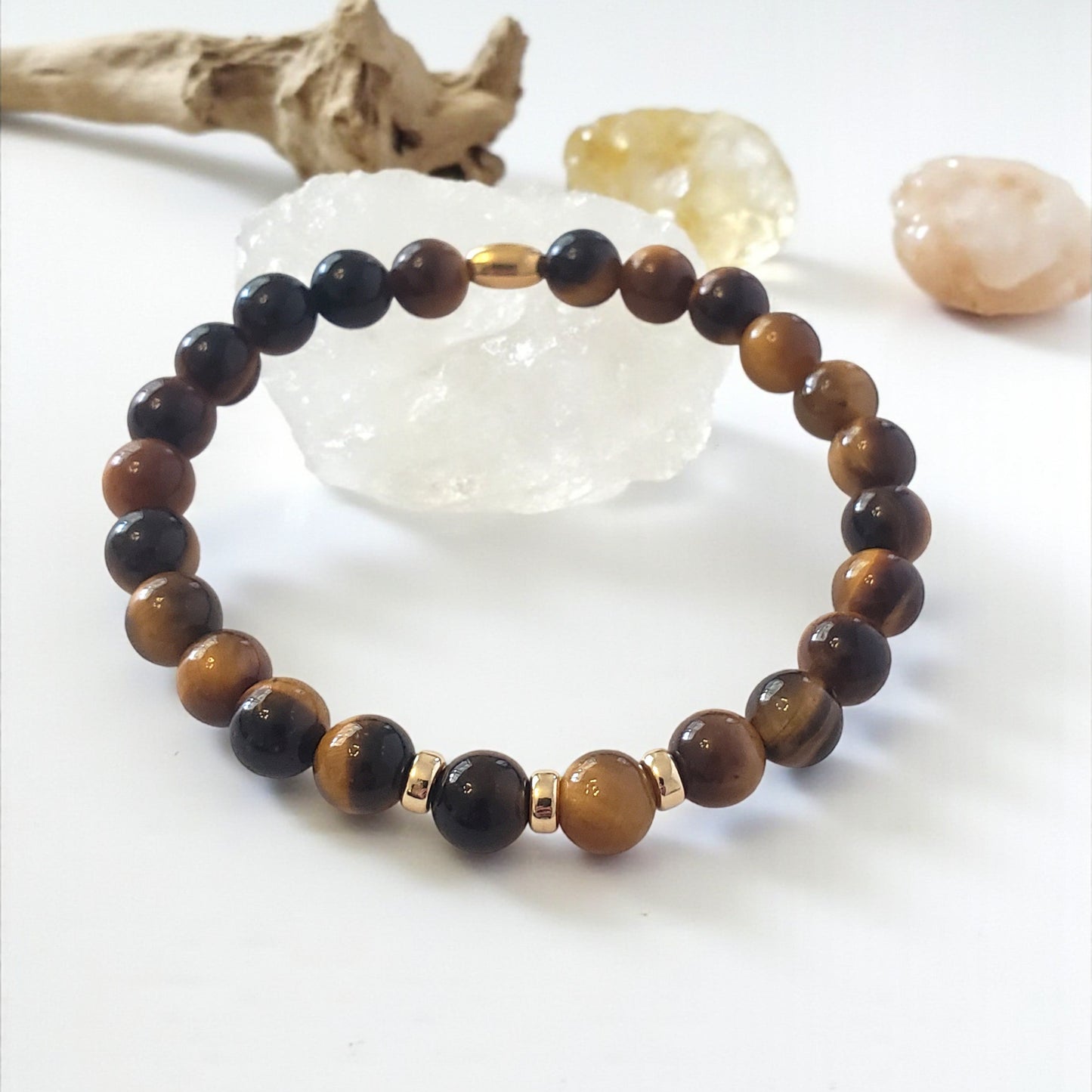 SanaBelle® Men’s Tiger’s Eye Healing Bracelet – 6mm Natural Gemstones with Gold Accents