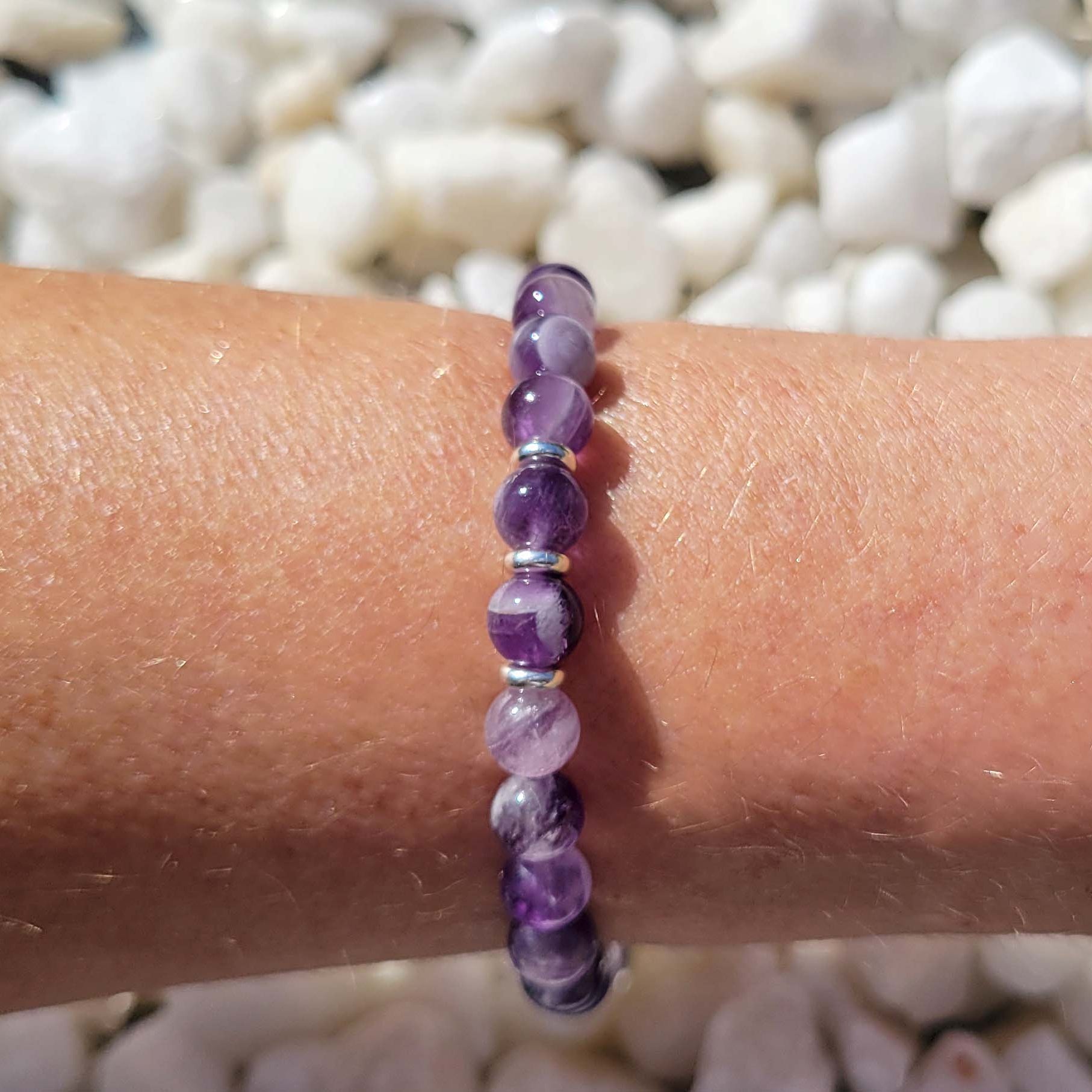 Amethyst Stretch Beaded Bracelet – Natural Healing Crystal 6mm with Sterling Silver 925