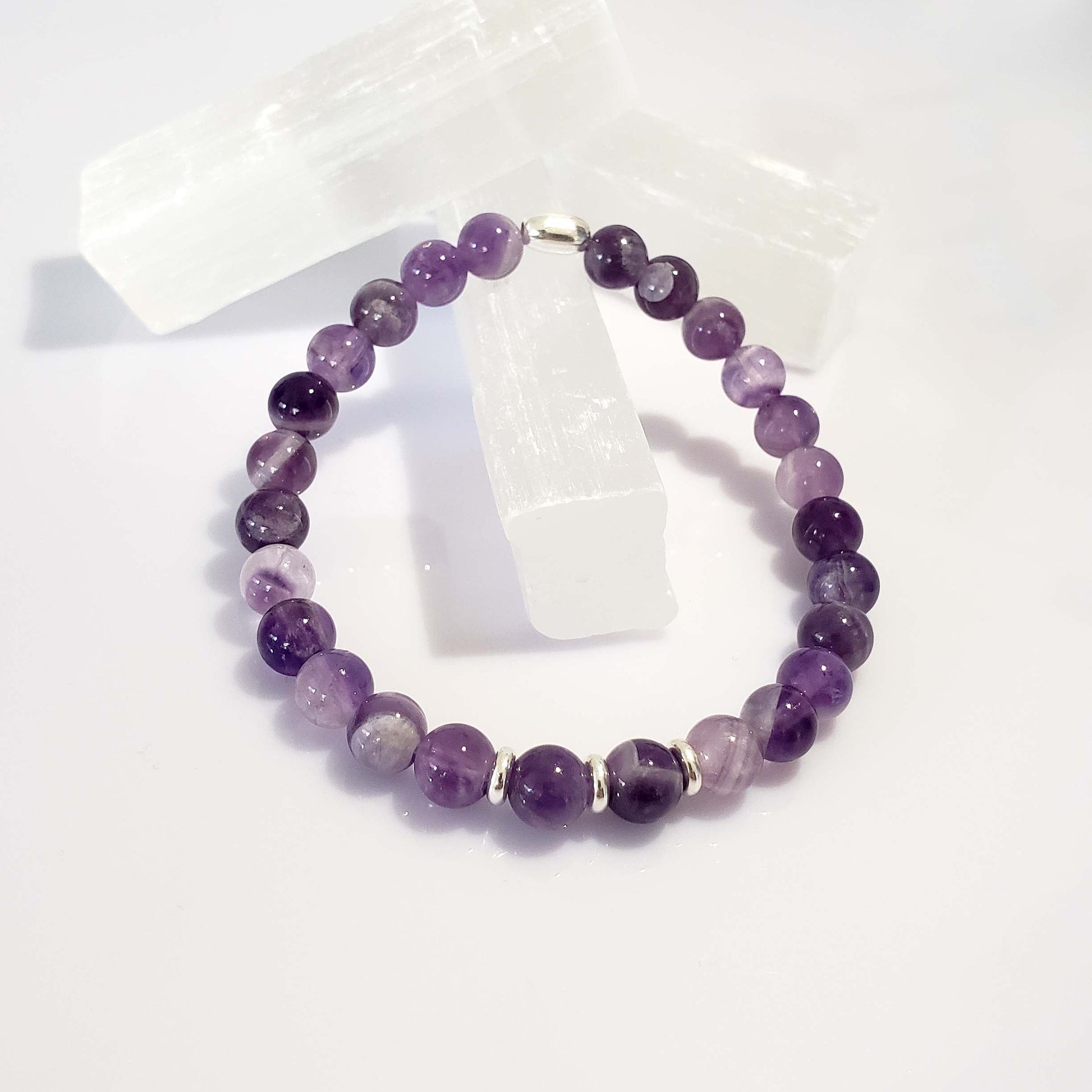 Amethyst Stretch Beaded Bracelet – Natural Healing Crystal 6mm with Sterling Silver 925