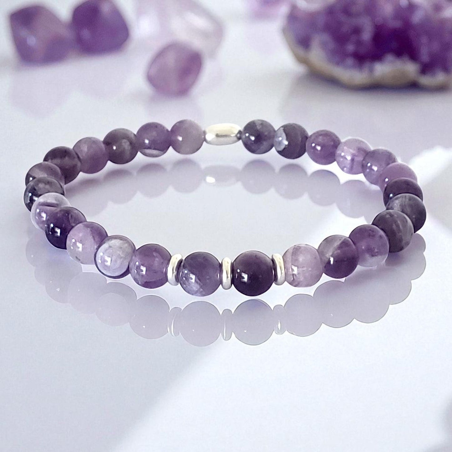 Amethyst Stretch Beaded Bracelet – Natural Healing Crystal 6mm with Sterling Silver 925