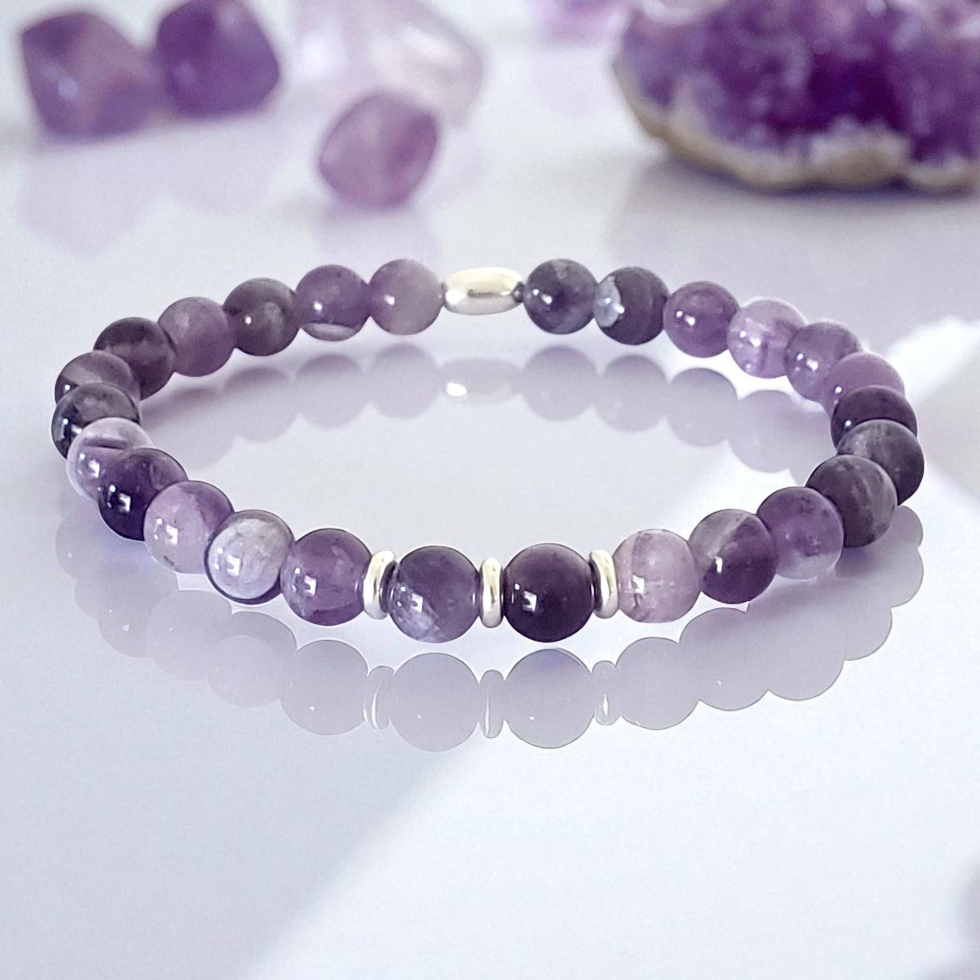 Amethyst Stretch Beaded Bracelet – Natural Healing Crystal 6mm with Sterling Silver 925