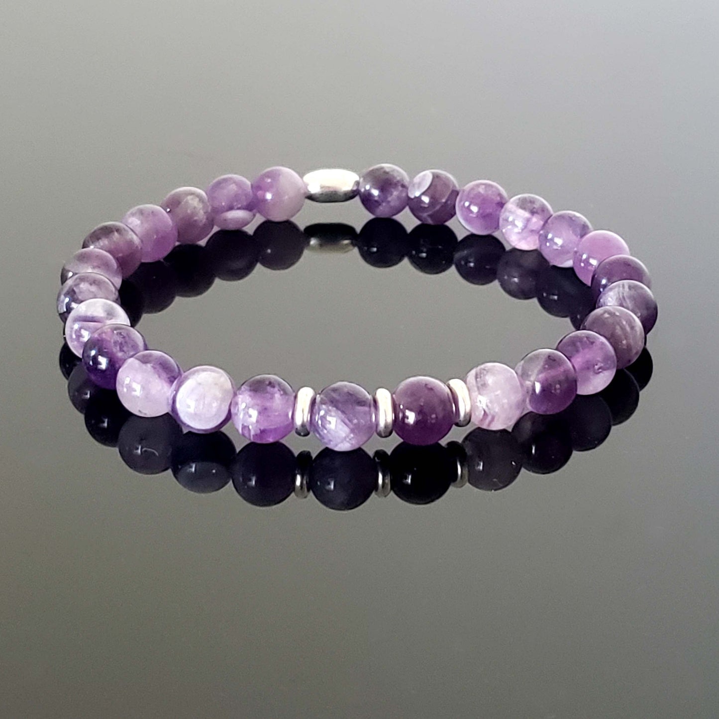 Amethyst Stretch Beaded Bracelet – Natural Healing Crystal 6mm with Sterling Silver 925