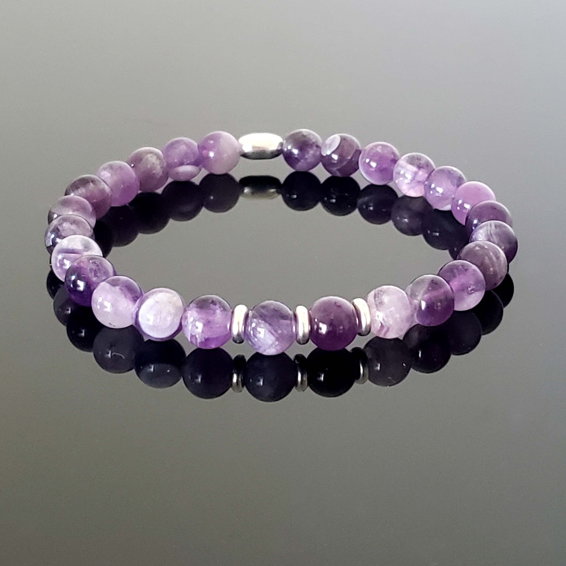 Amethyst Stretch Beaded Bracelet – Natural Healing Crystal 6mm with Sterling Silver 925