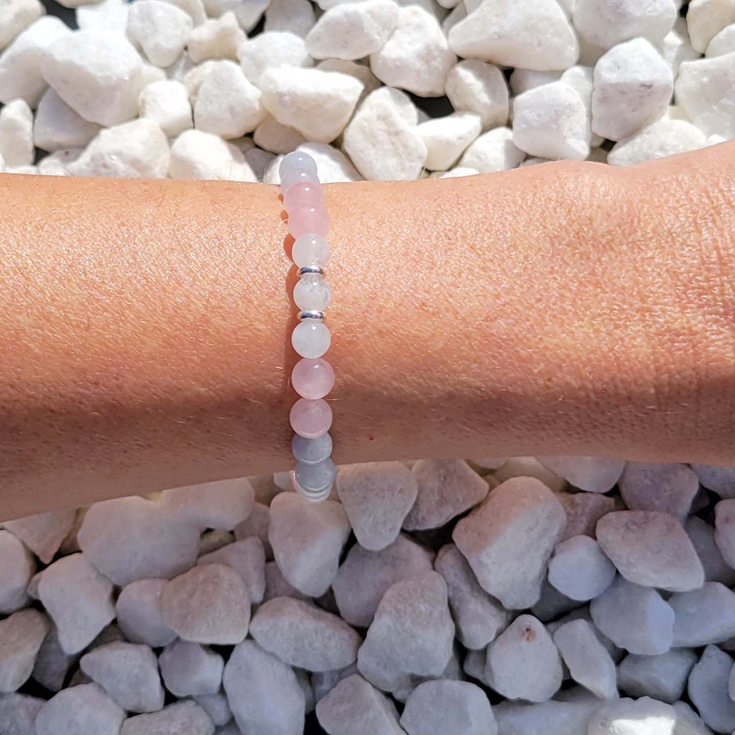 Anxiety Relief Gemstone Healing Bracelet – 6mm Aquamarine, Rose Quartz & Moonstone Beads with Sterling Silver 925