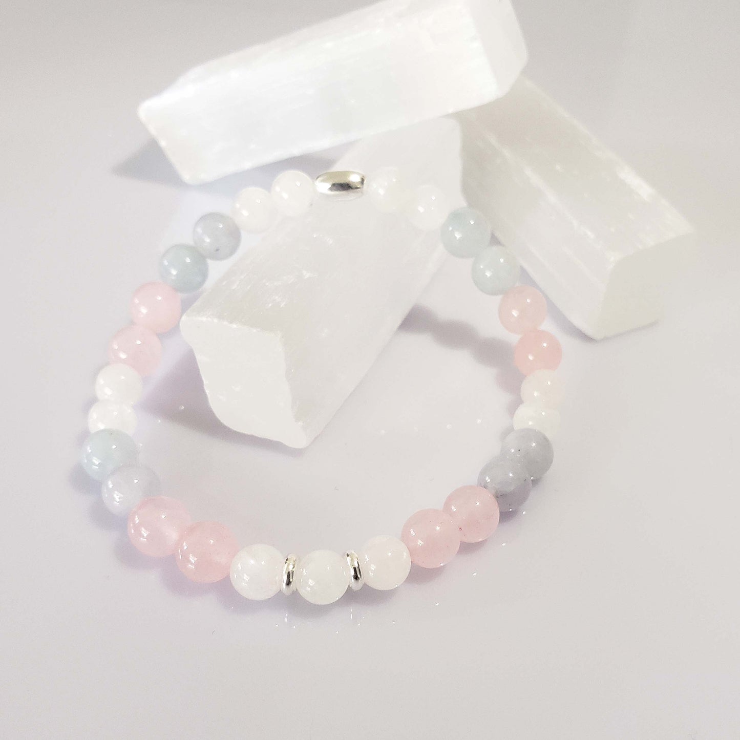 Anxiety Relief Gemstone Healing Bracelet – 6mm Aquamarine, Rose Quartz & Moonstone Beads with Sterling Silver 925