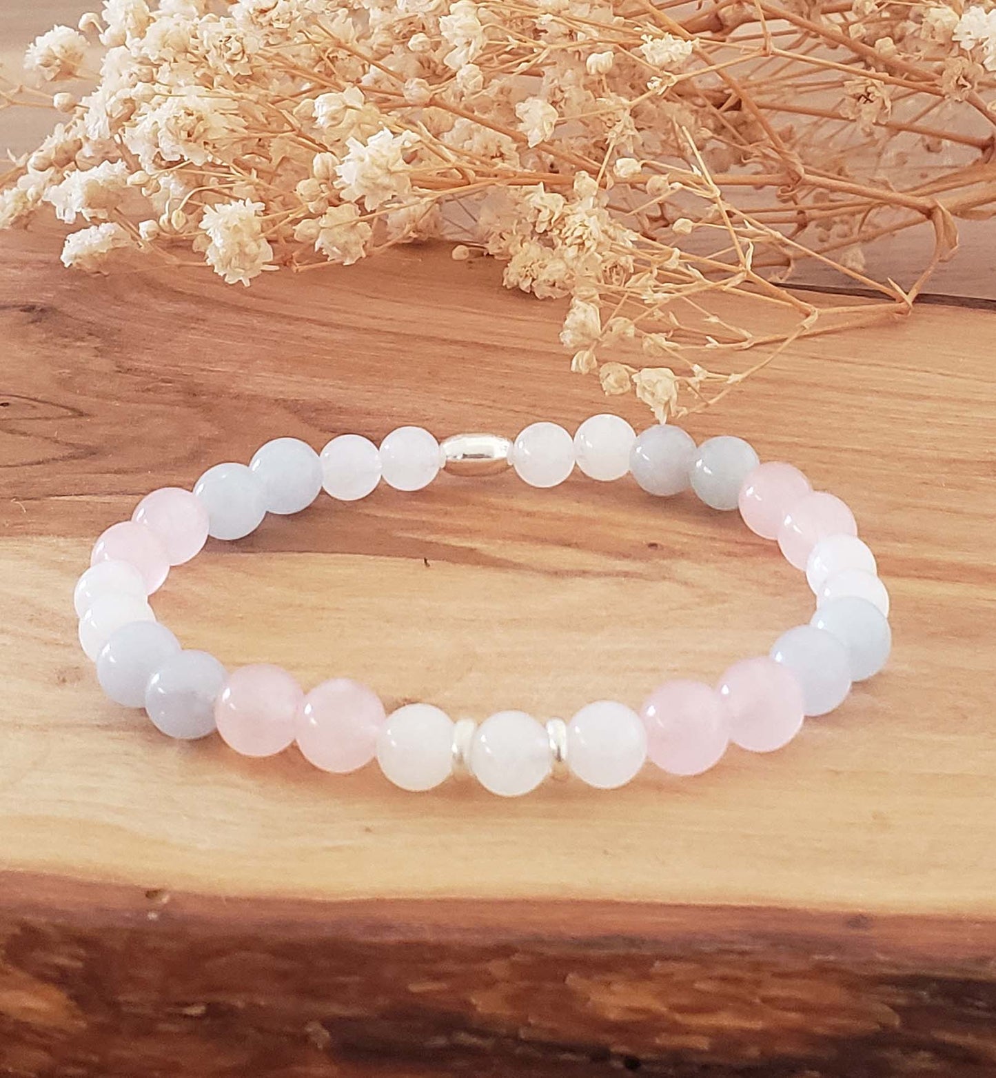 SanaBelle® Anxiety Healing Bracelet – Rose Quartz, Aquamarine & Moonstone with Gold Accents