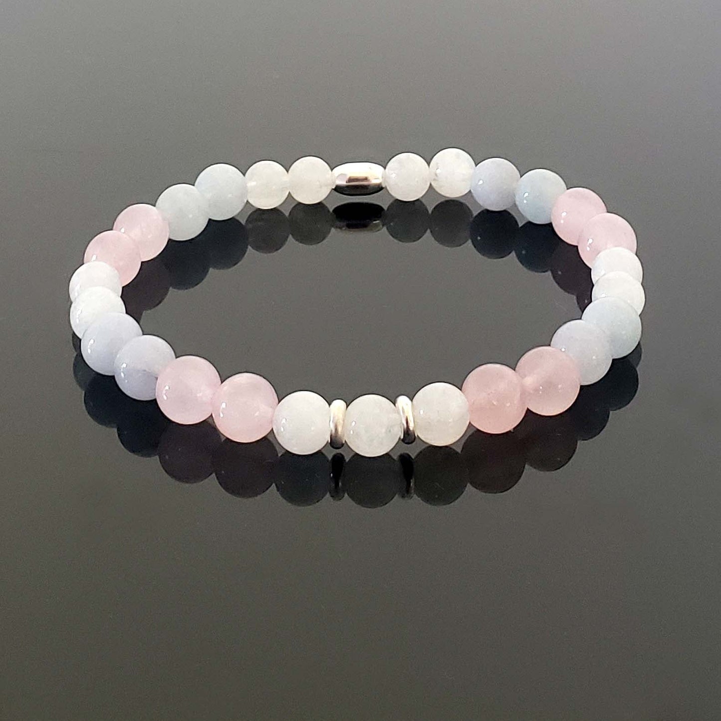 Anxiety Relief Gemstone Healing Bracelet – 6mm Aquamarine, Rose Quartz & Moonstone Beads with Sterling Silver 925