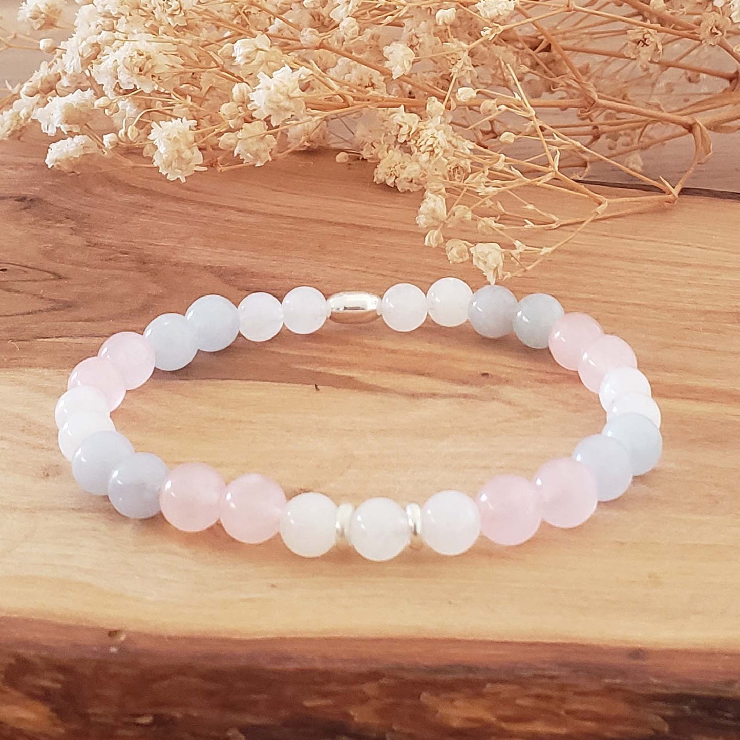Anxiety Relief Gemstone Healing Bracelet – 6mm Aquamarine, Rose Quartz & Moonstone Beads with Sterling Silver 925