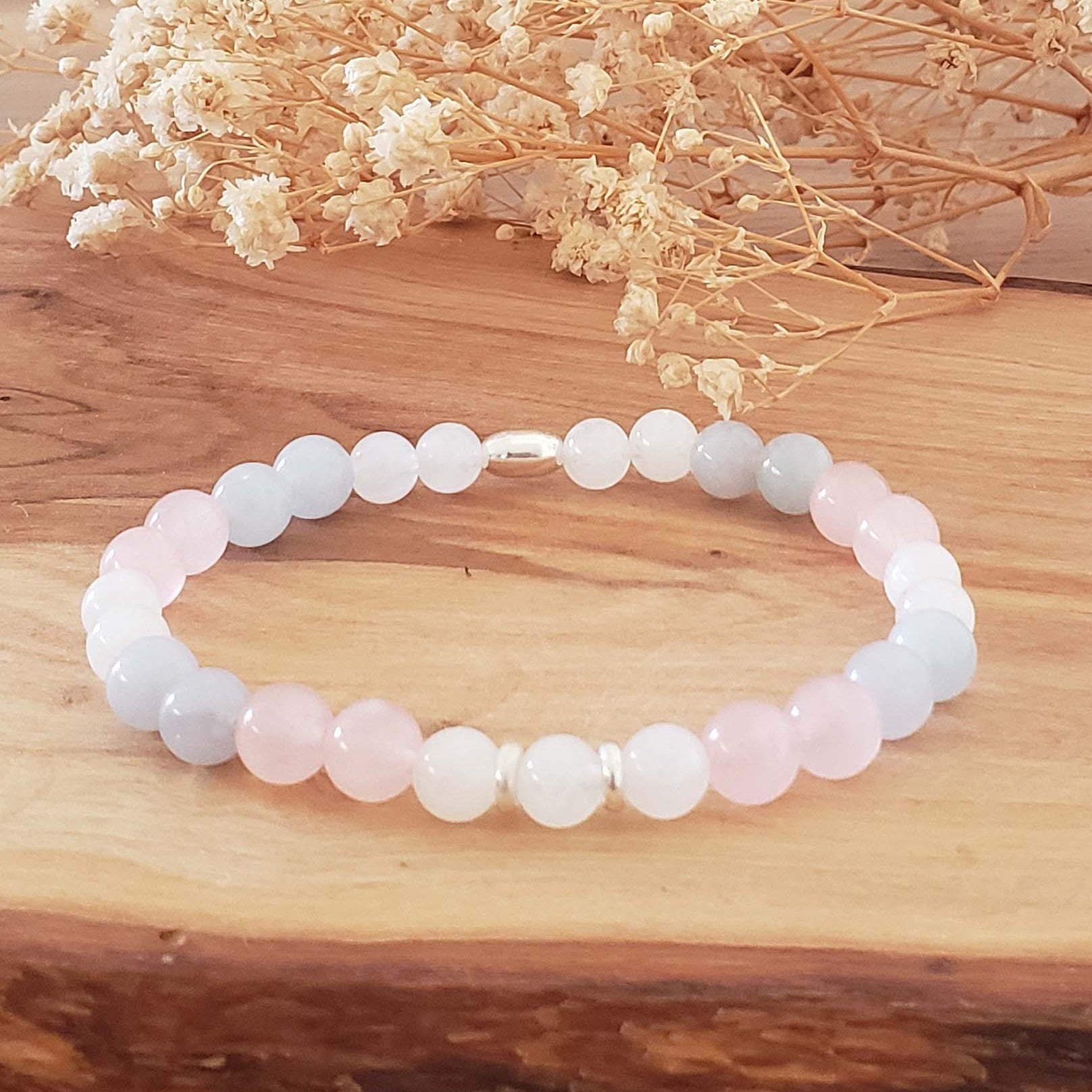 Anxiety Relief Gemstone Healing Bracelet – 6mm Aquamarine, Rose Quartz & Moonstone Beads with Sterling Silver 925