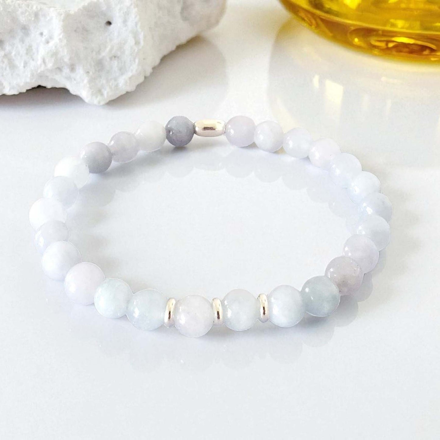 Aquamarine Stretch Beaded Bracelet – Natural Healing Crystal 6mm with Sterling Silver 925