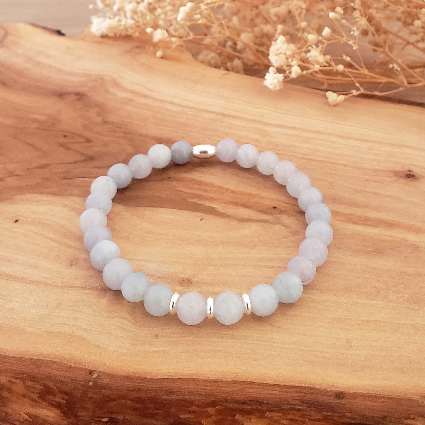 Aquamarine Stretch Beaded Bracelet – Natural Healing Crystal 6mm with Sterling Silver 925