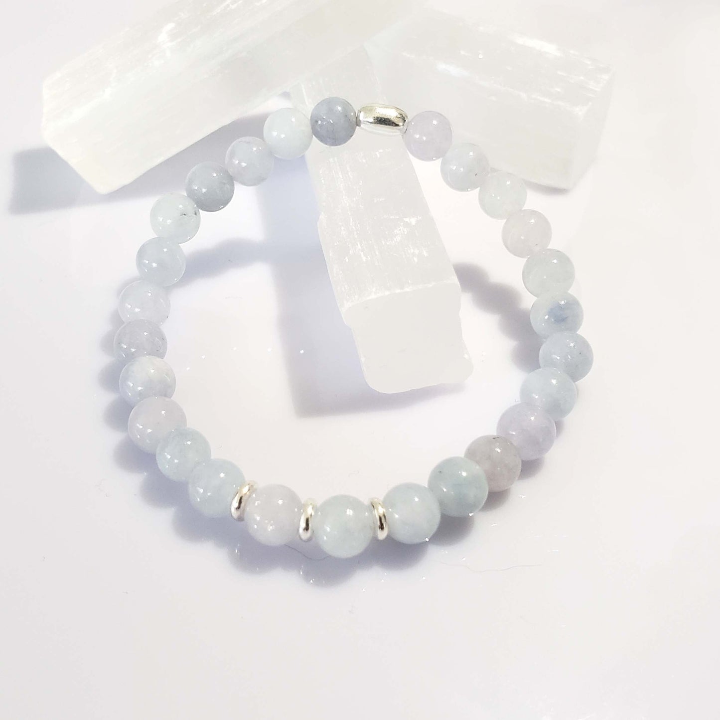 Aquamarine Stretch Beaded Bracelet – Natural Healing Crystal 6mm with Sterling Silver 925