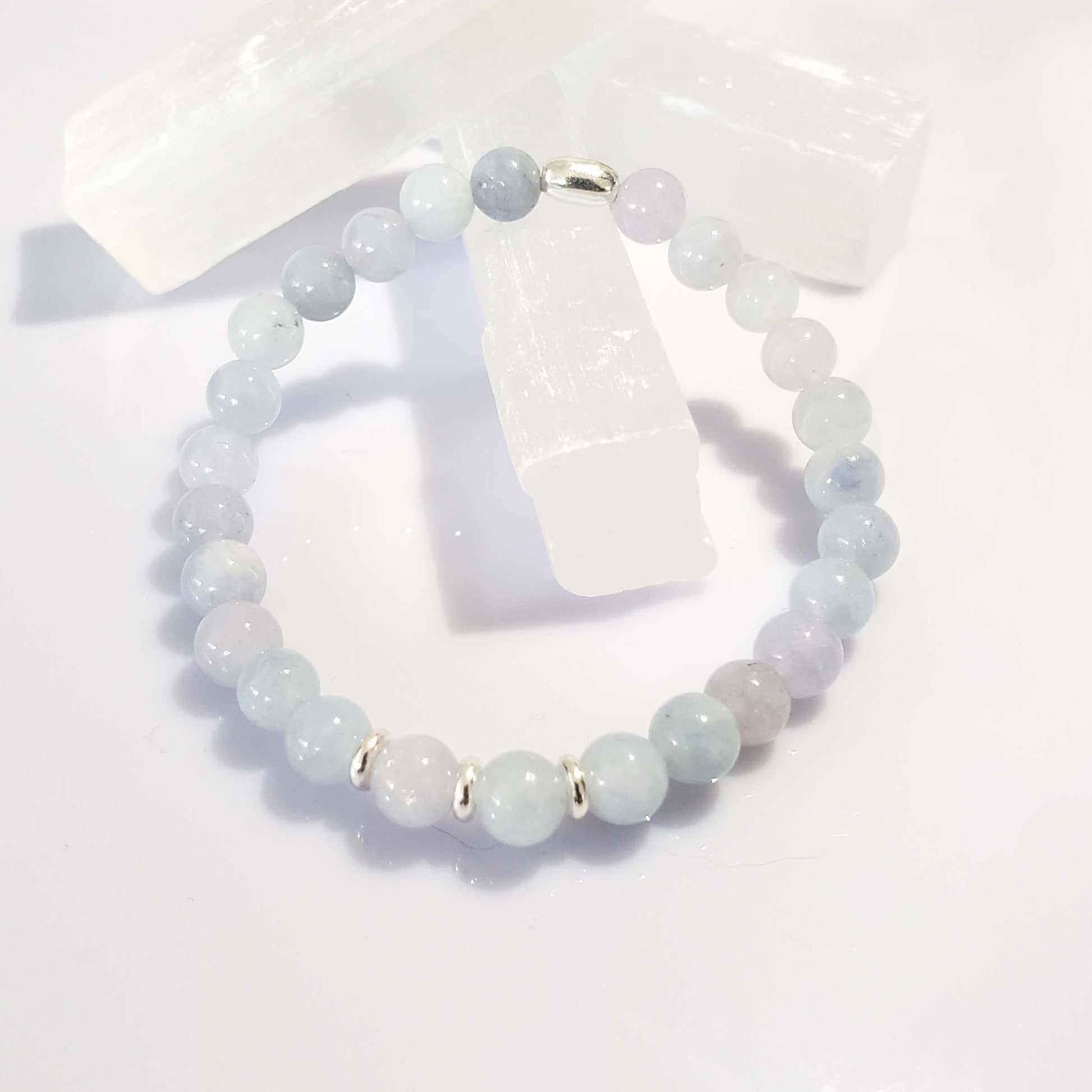 Aquamarine Stretch Beaded Bracelet – Natural Healing Crystal 6mm with Sterling Silver 925