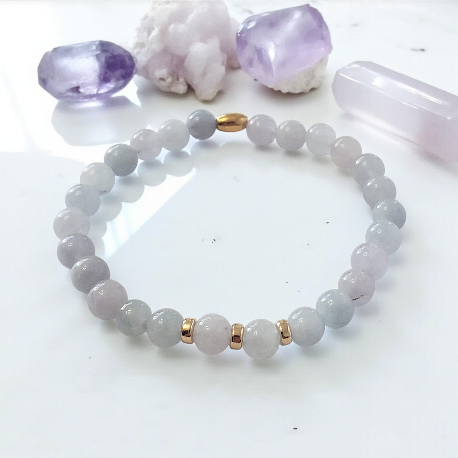 Aquamarine Stretch Beaded Bracelet – Natural Healing Crystal 6mm with Gold Accents