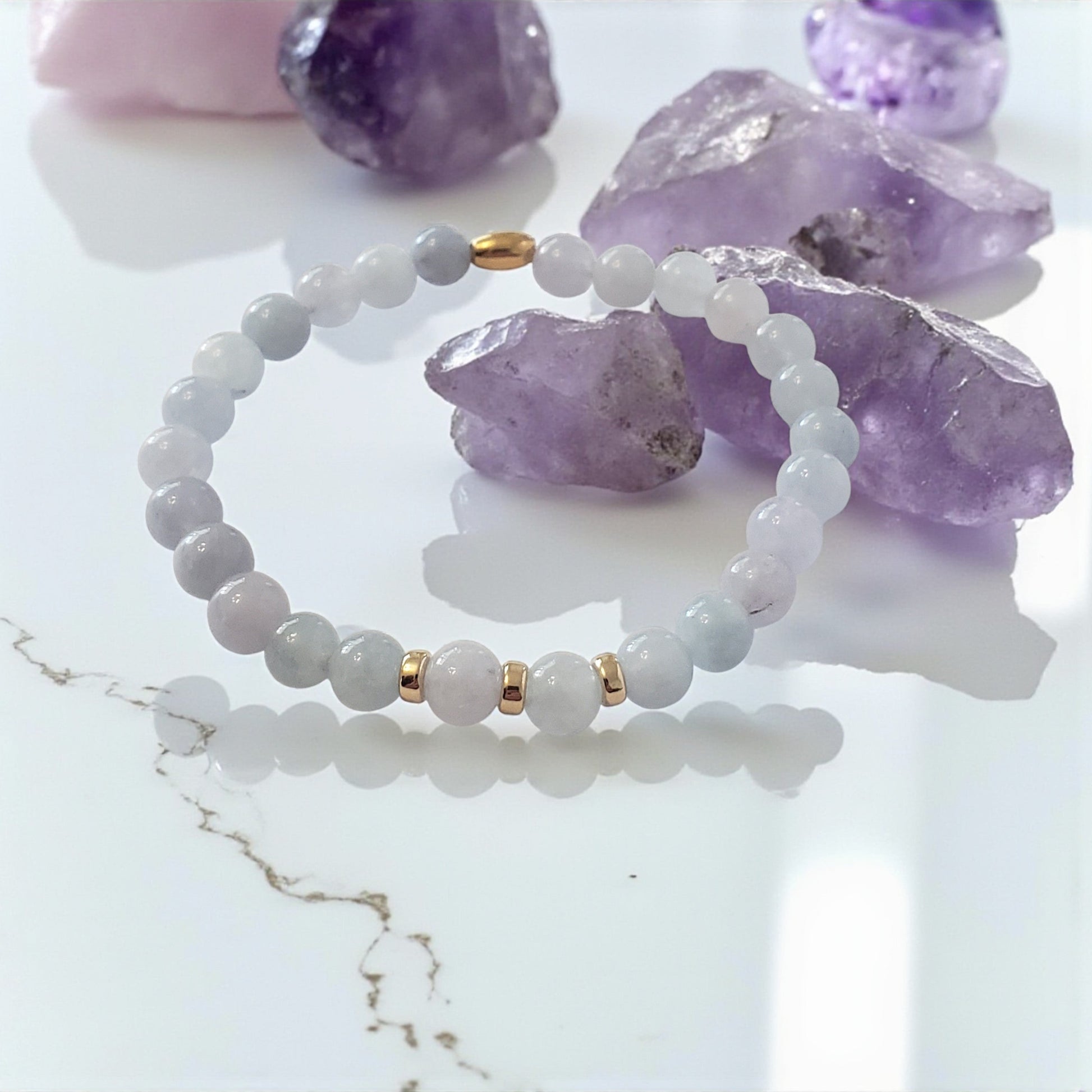 Aquamarine Stretch Beaded Bracelet – Natural Healing Crystal 6mm with Gold Accents