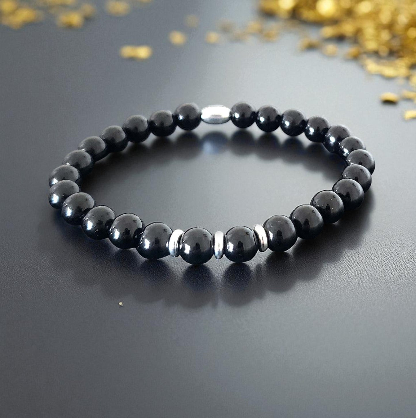 SanaBelle® Men’s Black Tourmaline Healing Bracelet – 6mm Natural Gemstones with Gold Accents
