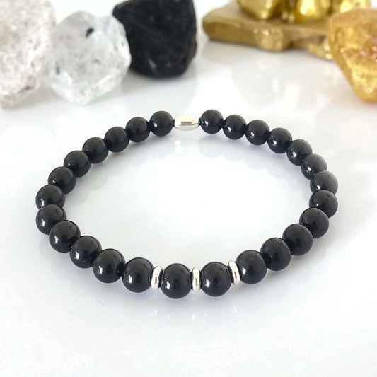 Black Tourmaline Stretch Beaded Bracelet – Natural Healing Crystal 6mm with Sterling Silver 925