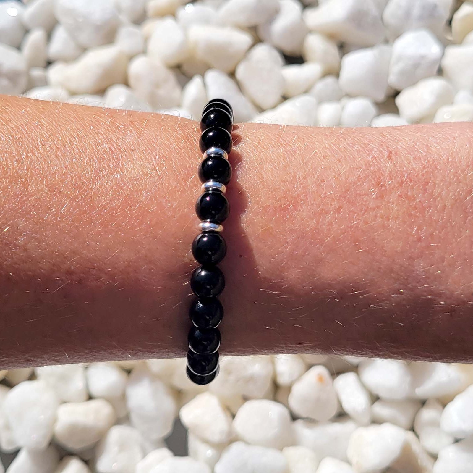 Black Tourmaline Stretch Beaded Bracelet – Natural Healing Crystal 6mm with Sterling Silver 925